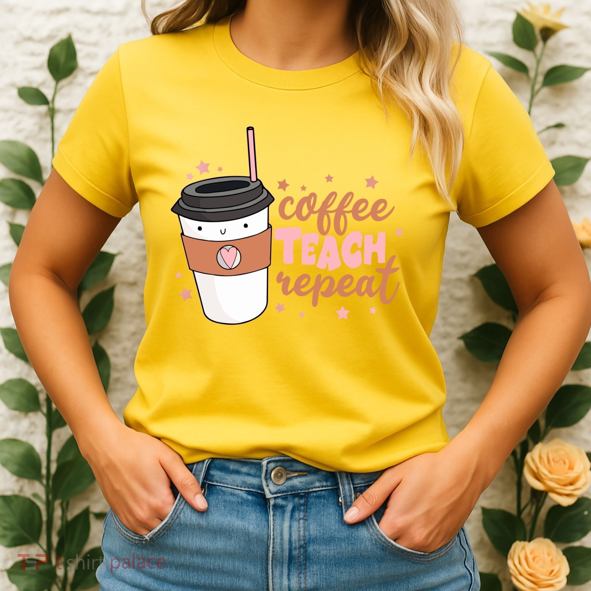 Cute Funny Coffee Teach Repeat Teacher Life Coffee Lover Women's T-Shirt
