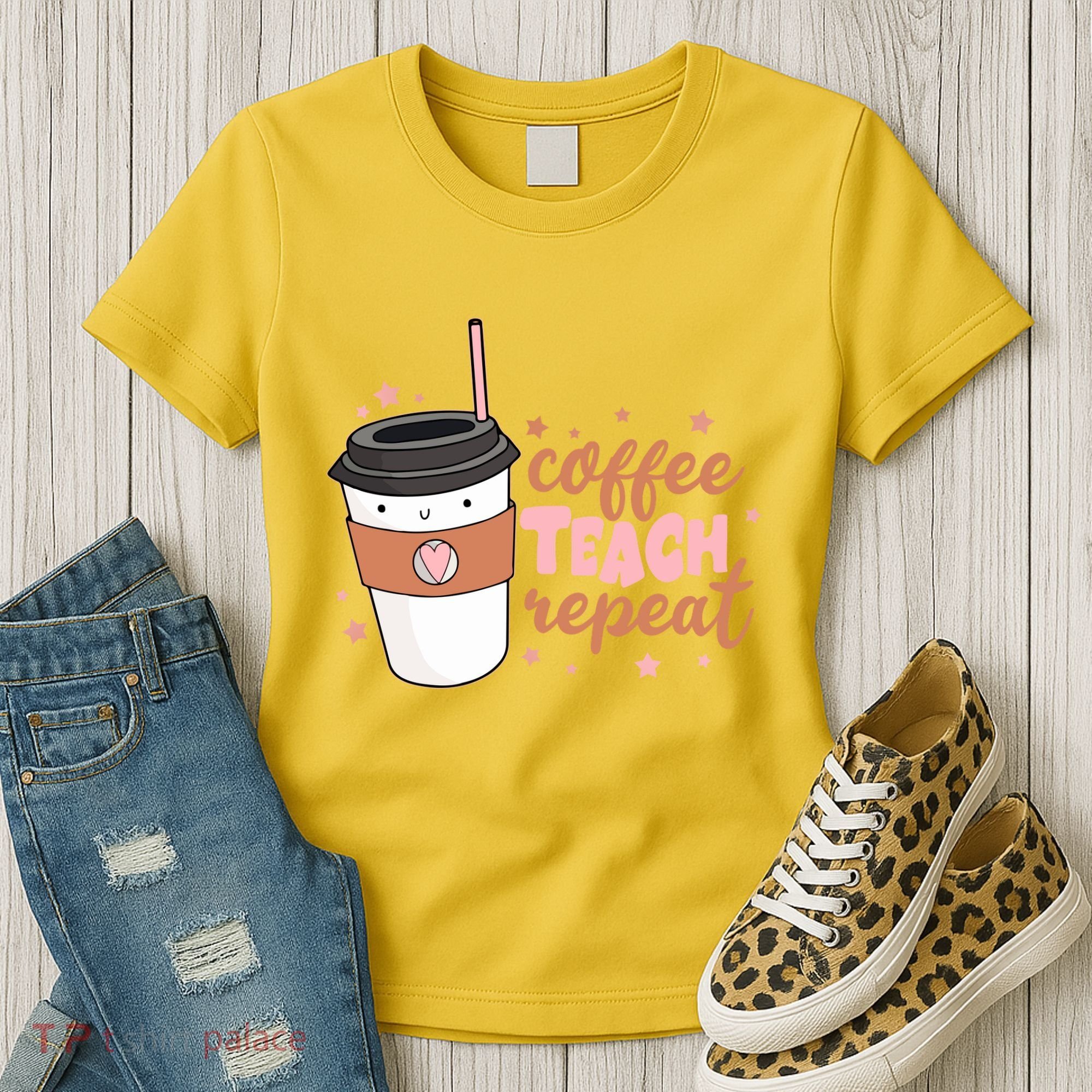 Cute Funny Coffee Teach Repeat Teacher Life Coffee Lover Women's T-Shirt