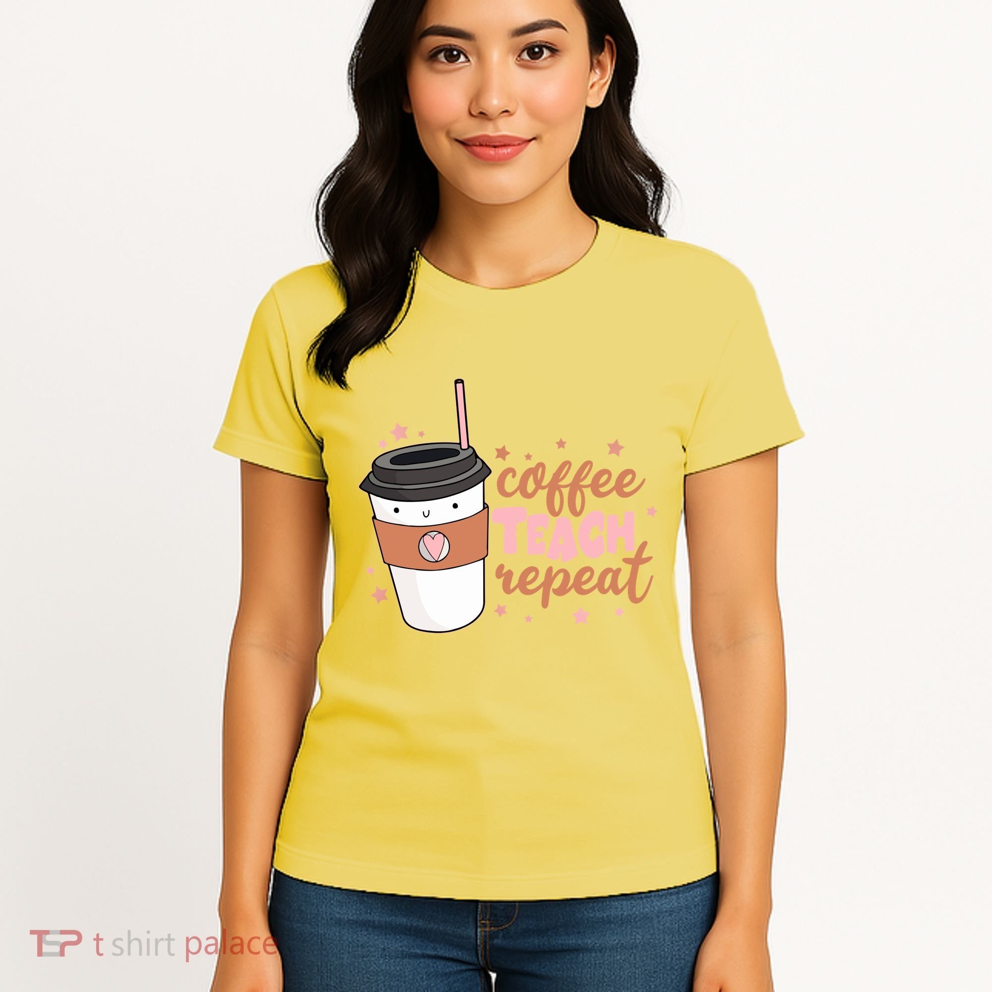 Cute Funny Coffee Teach Repeat Teacher Life Coffee Lover Women's T-Shirt