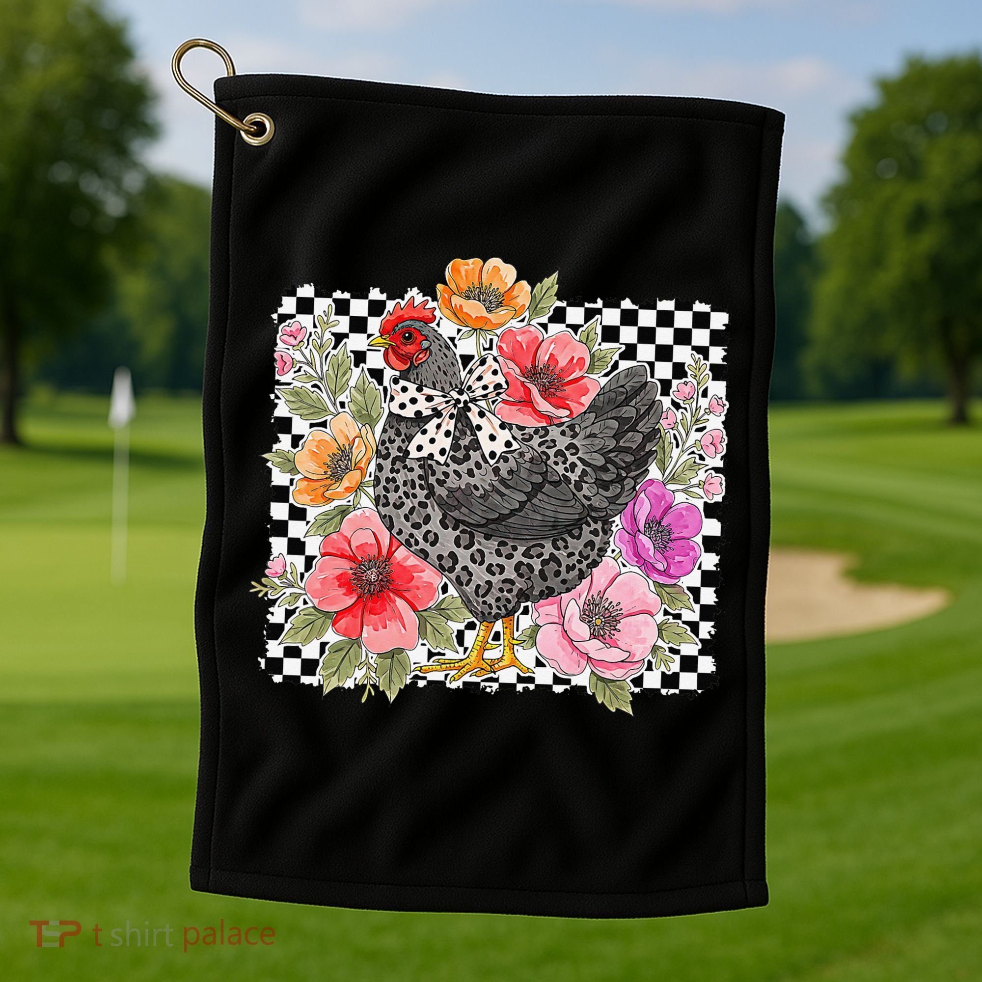 Checkered Flower Chicken Hen Lover Wildflower Chicken Mama Golf Towel