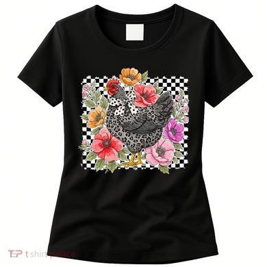 Checkered Flower Chicken Hen Lover Wildflower Chicken Mama Women's T-Shirt