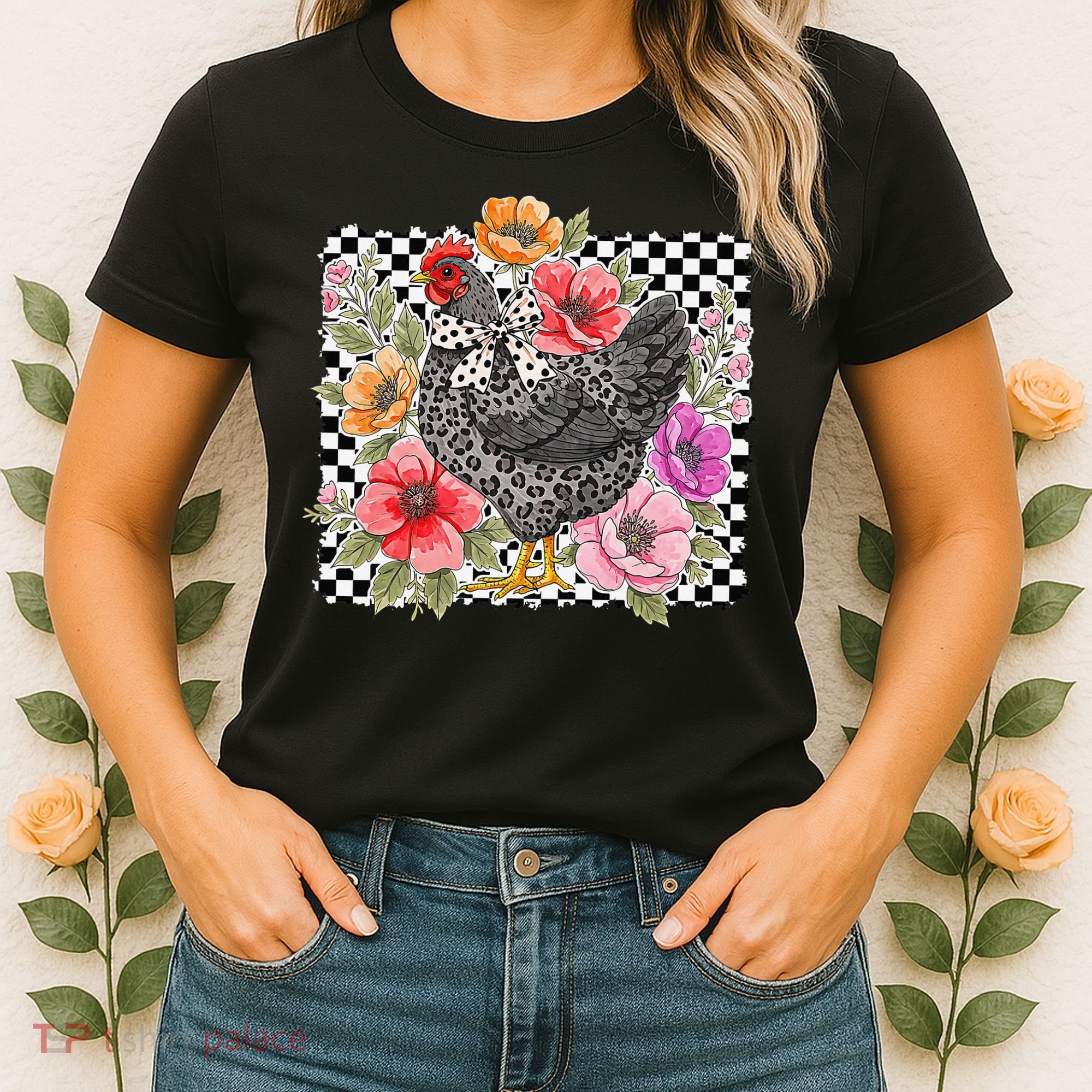 Checkered Flower Chicken Hen Lover Wildflower Chicken Mama Women's T-Shirt