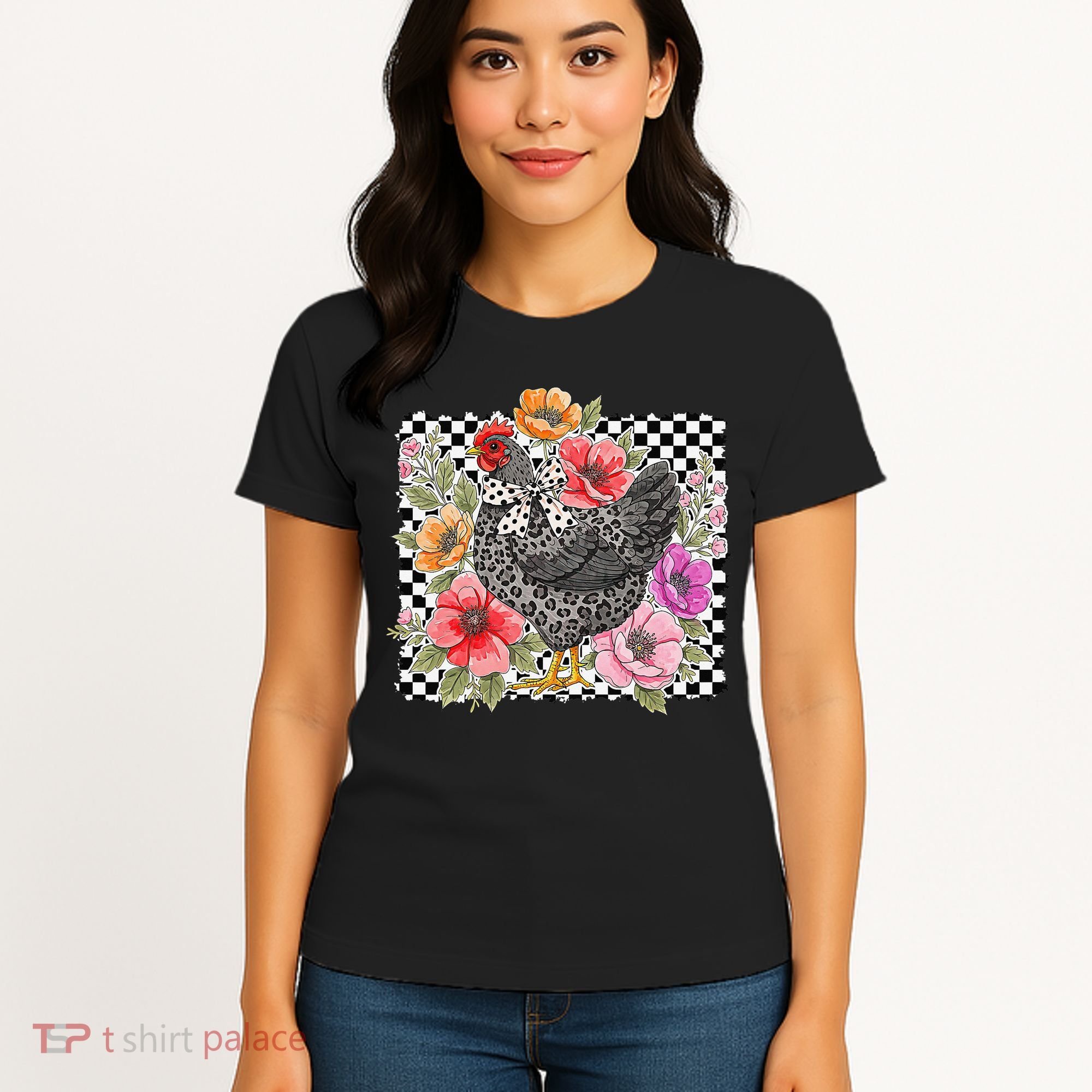 Checkered Flower Chicken Hen Lover Wildflower Chicken Mama Women's T-Shirt