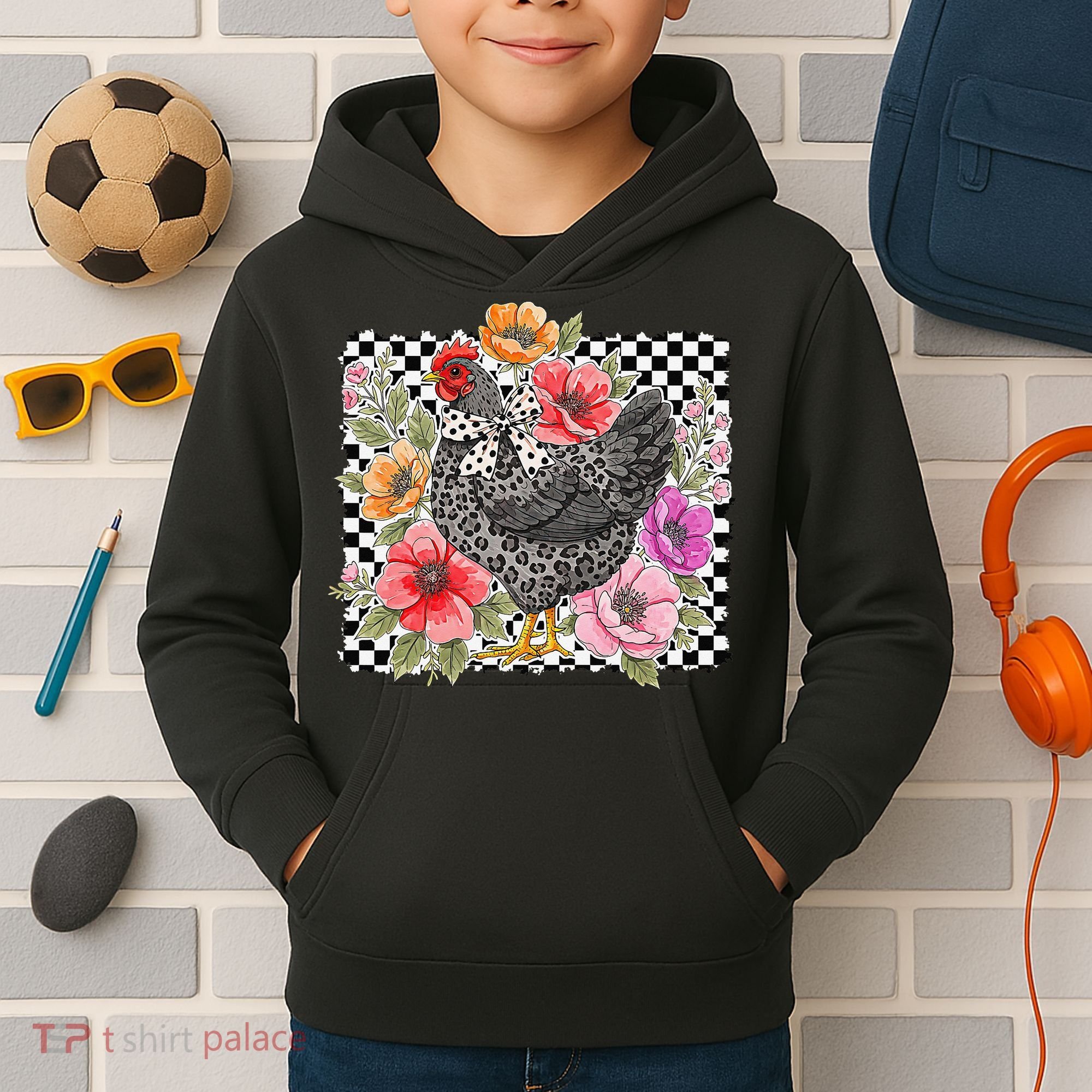 Checkered Flower Chicken Hen Lover Wildflower Chicken Mama Kids Hoodie