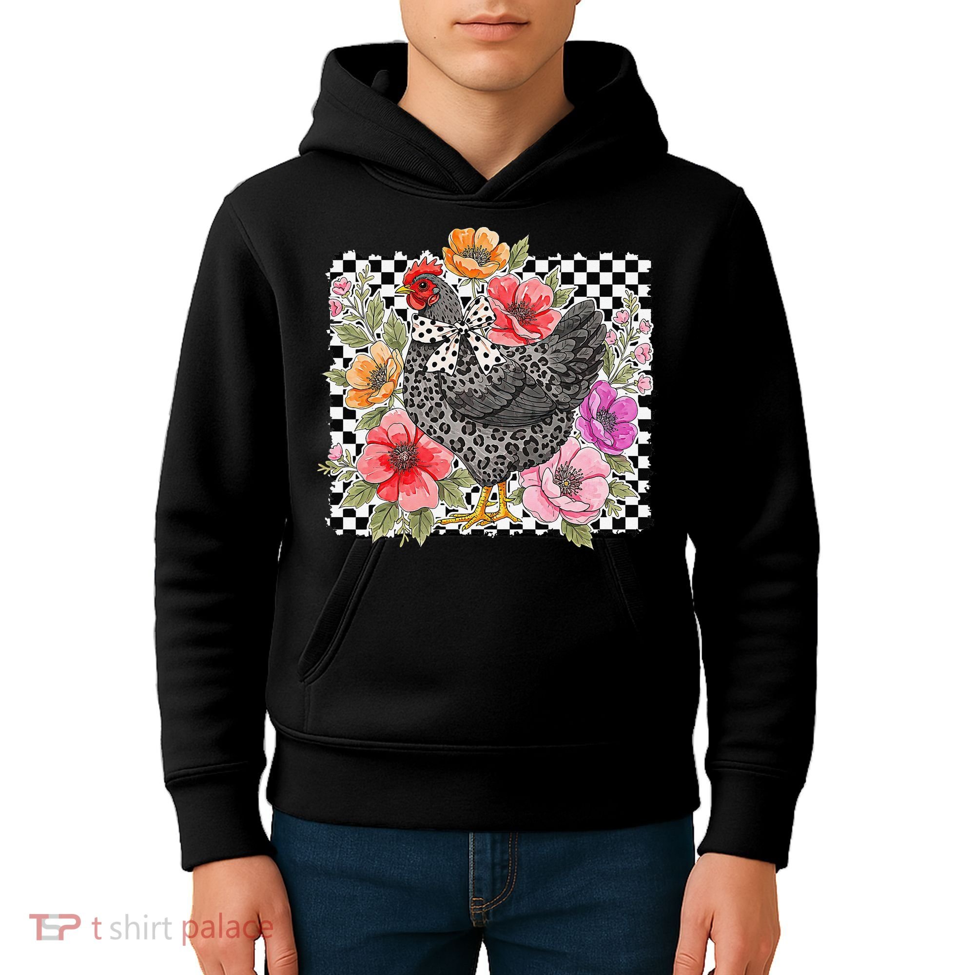 Checkered Flower Chicken Hen Lover Wildflower Chicken Mama Kids Hoodie