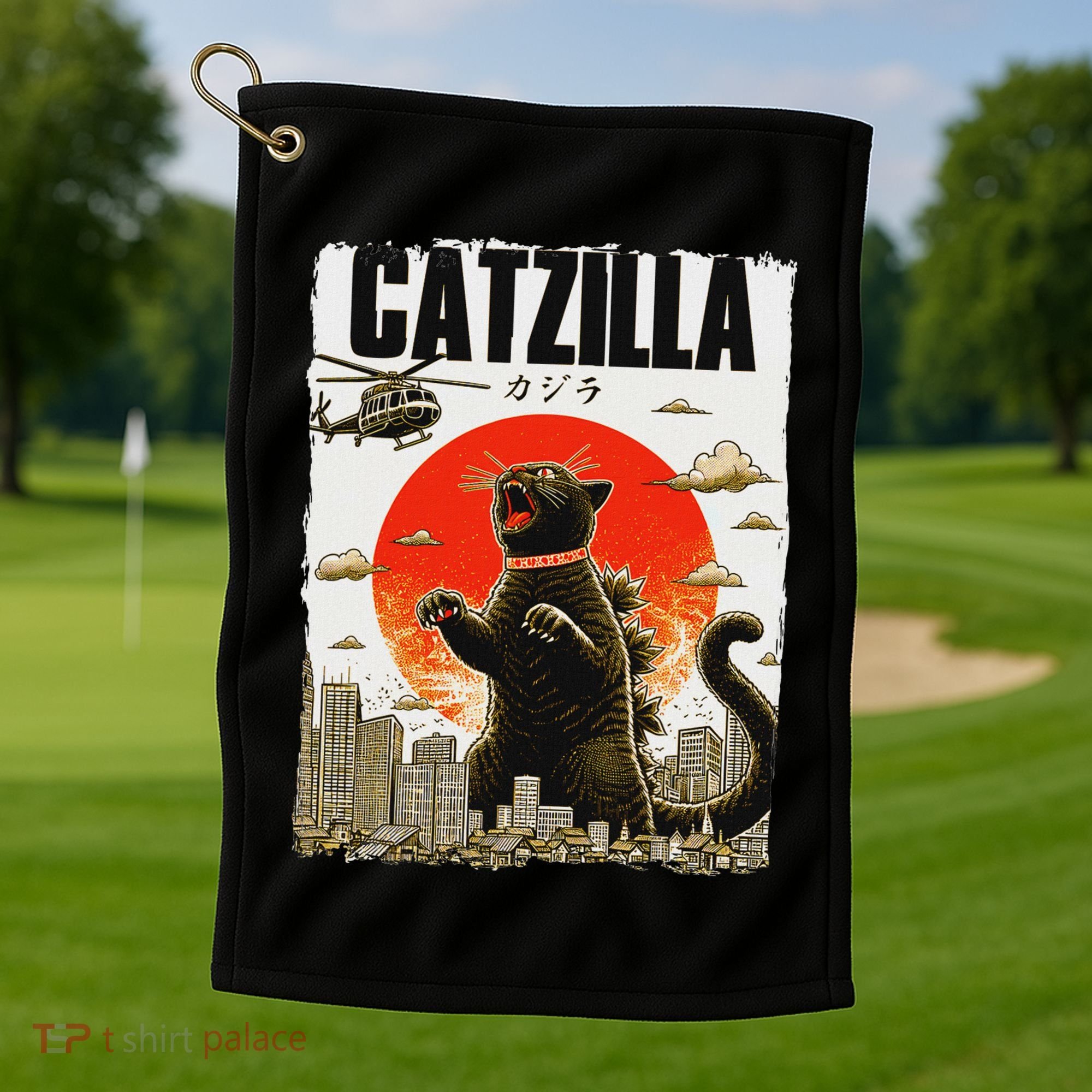 Catzilla Funny Cat Lover Kitten Catzilla Cat Japanese Art Golf Towel