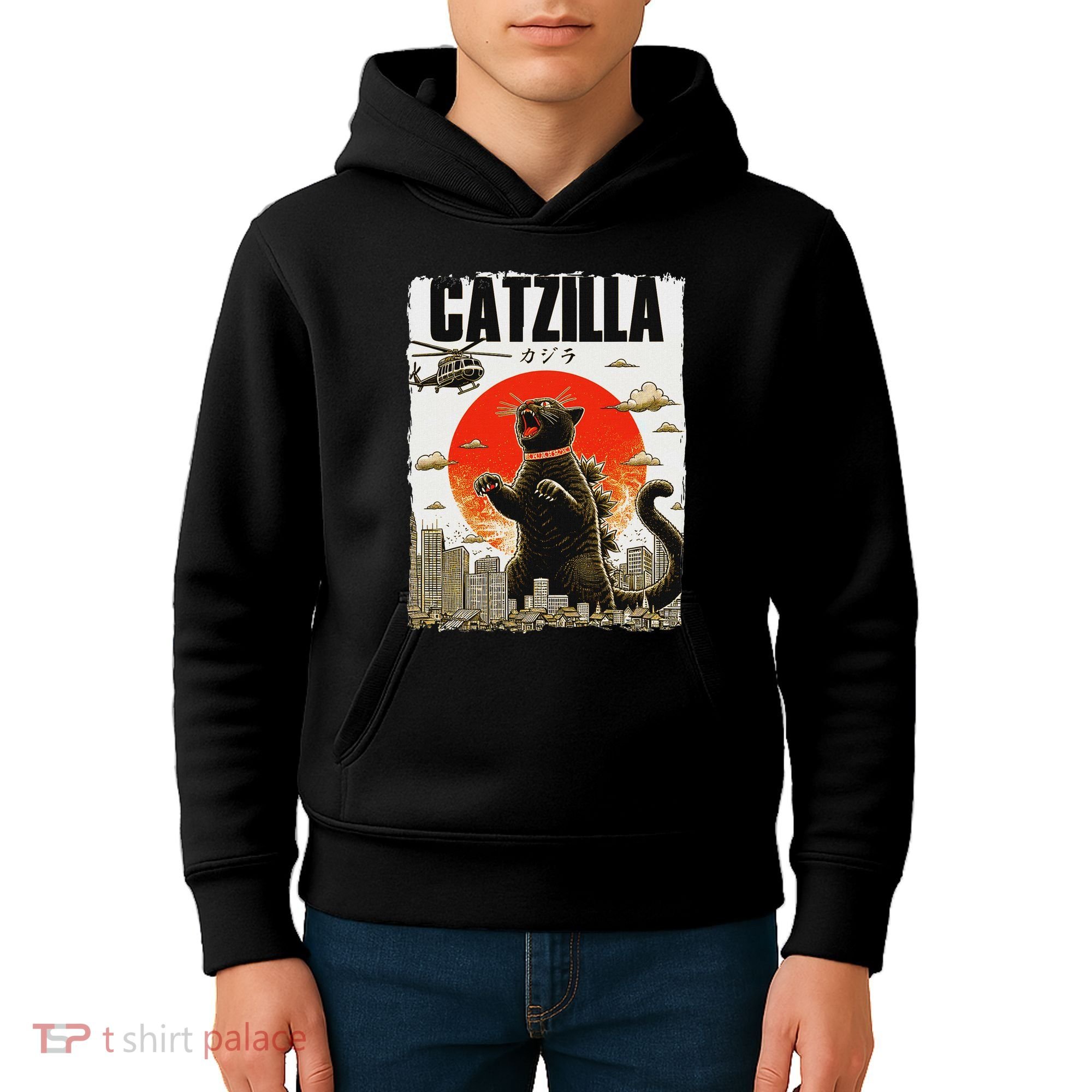 Catzilla Funny Cat Lover Kitten Catzilla Cat Japanese Art Kids Hoodie