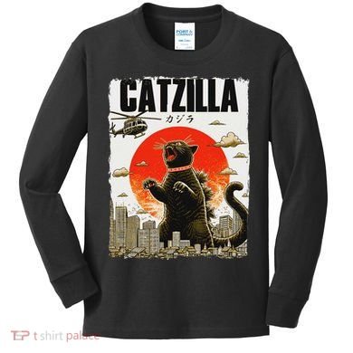 Catzilla Funny Cat Lover Kitten Catzilla Cat Japanese Art Kids Long Sleeve Shirt