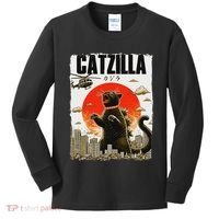Catzilla Funny Cat Lover Kitten Catzilla Cat Japanese Art Kids Long Sleeve Shirt thumb 0