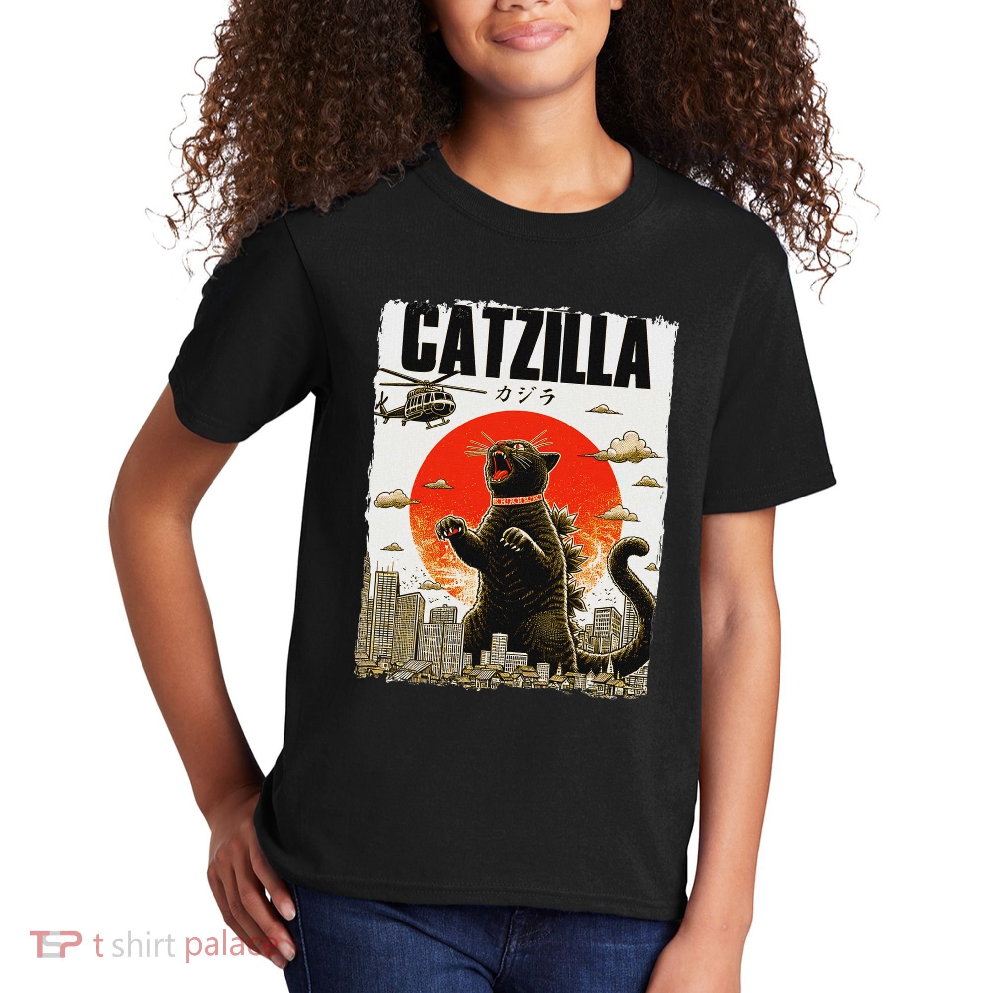 Catzilla Funny Cat Lover Kitten Catzilla Cat Japanese Art Kids T-Shirt