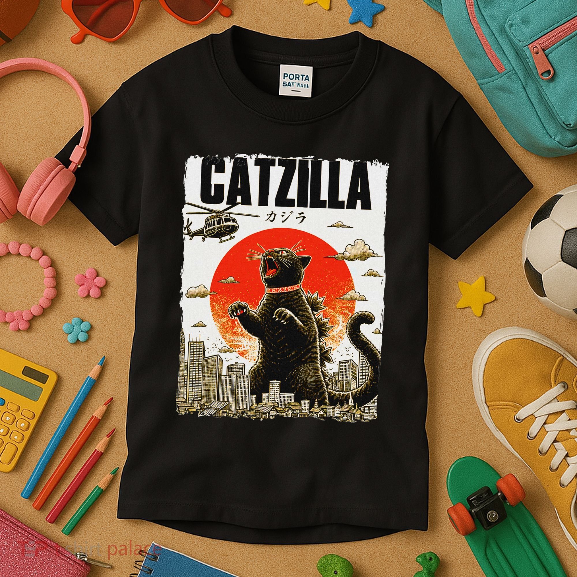 Catzilla Funny Cat Lover Kitten Catzilla Cat Japanese Art Kids T-Shirt