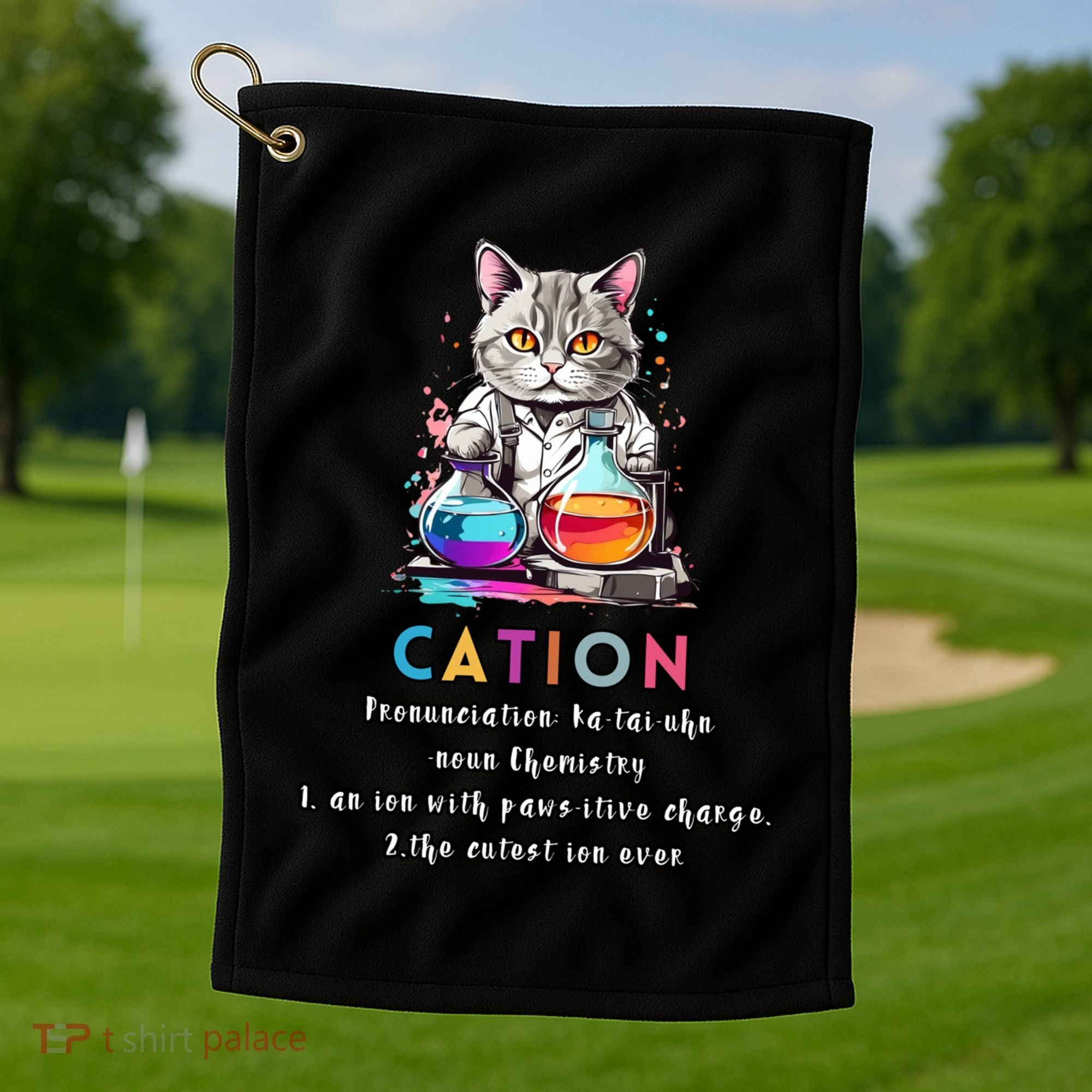 Cation Funny Chemistry Humor Science Teacher Cat Pun Gift Golf Towel