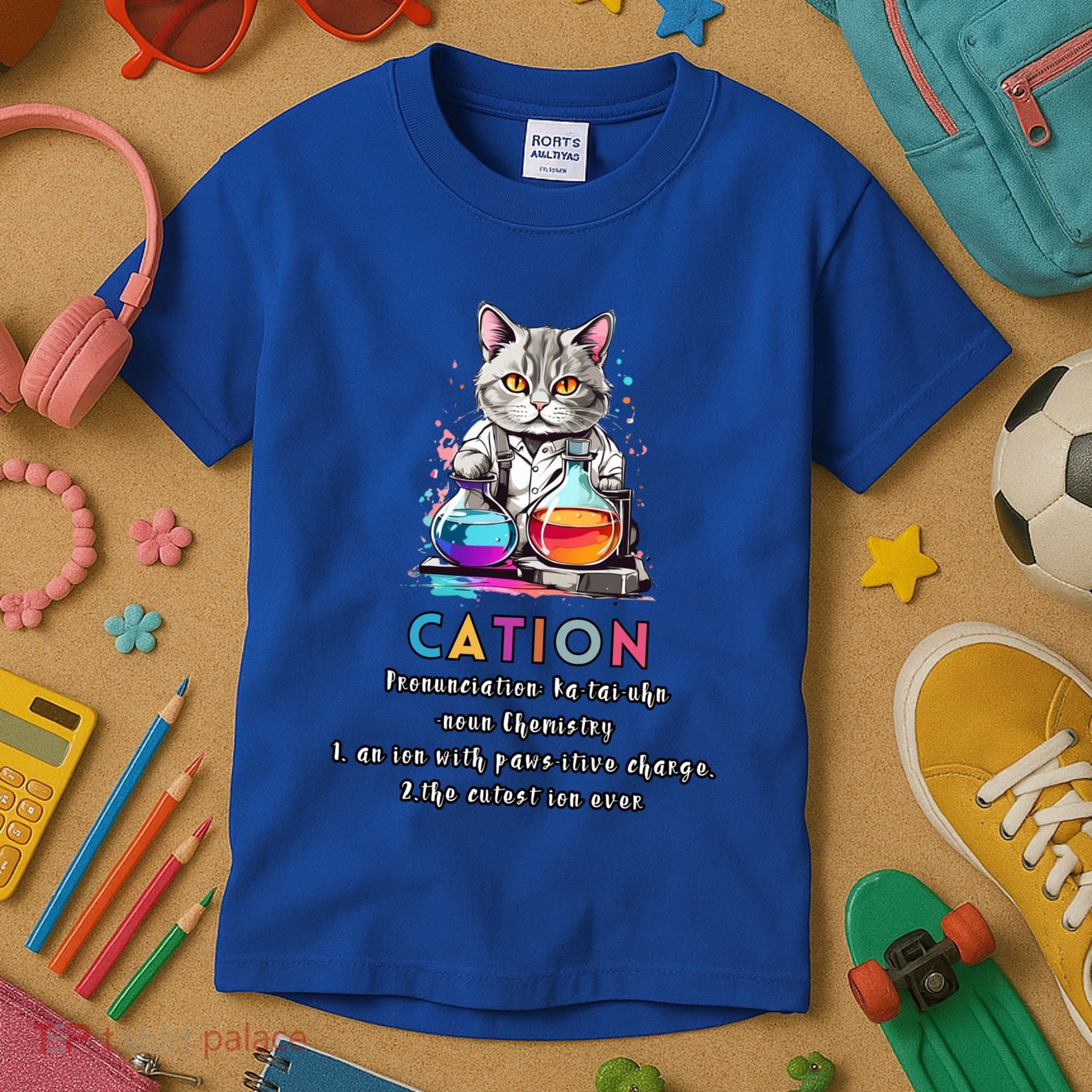 Cation Funny Chemistry Humor Science Teacher Cat Pun Gift Kids T-Shirt