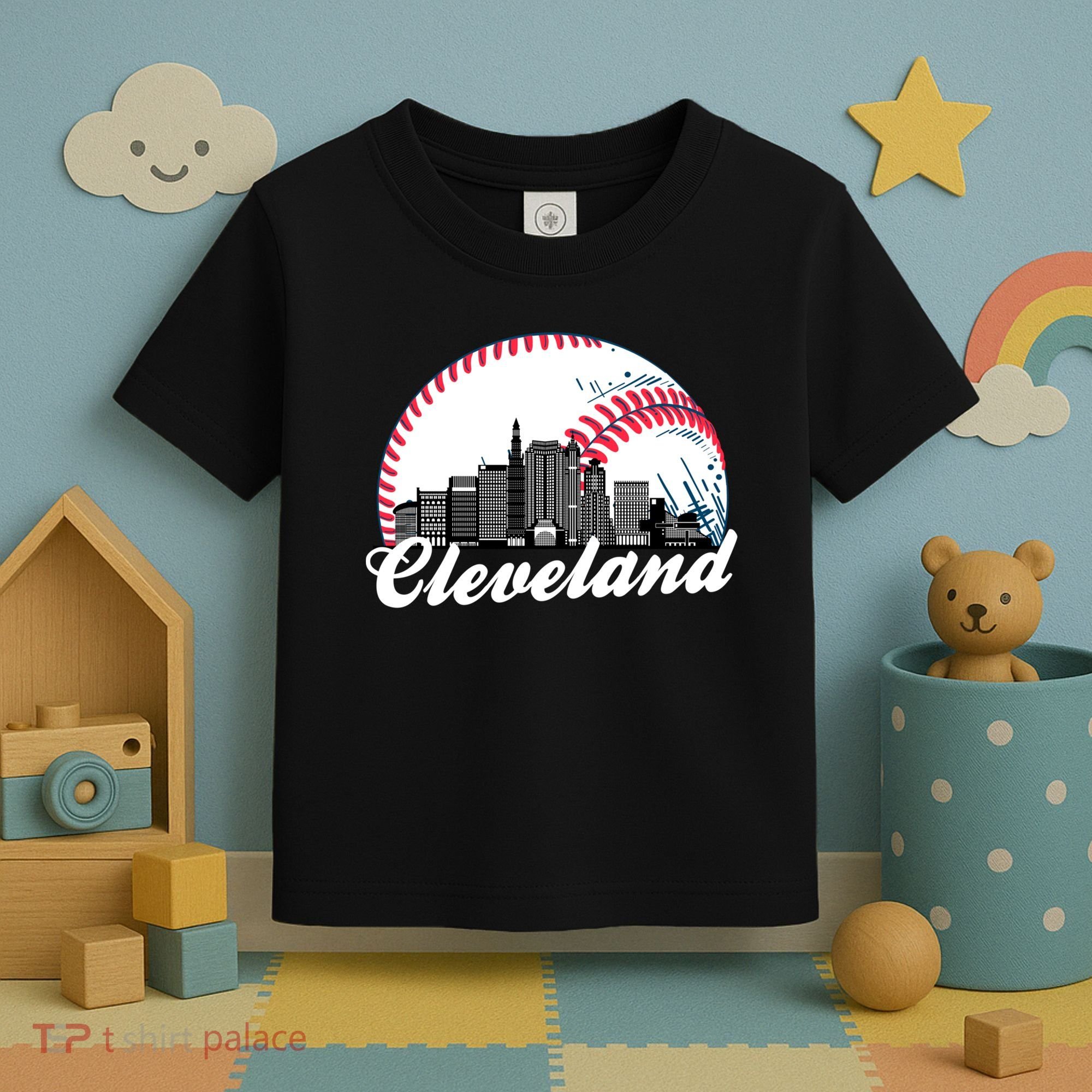 Cute Funny Cleveland Baseball Skyline Retro Toddler T-Shirt
