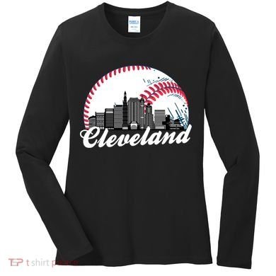 Cute Funny Cleveland Baseball Skyline Retro Women's Long Sleeve Shirt