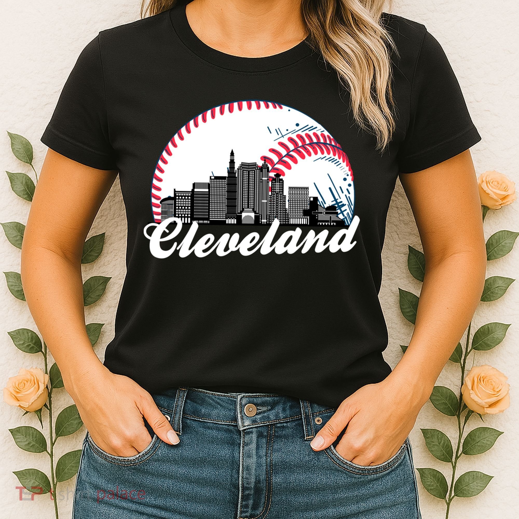 Cute Funny Cleveland Baseball Skyline Retro Women's T-Shirt