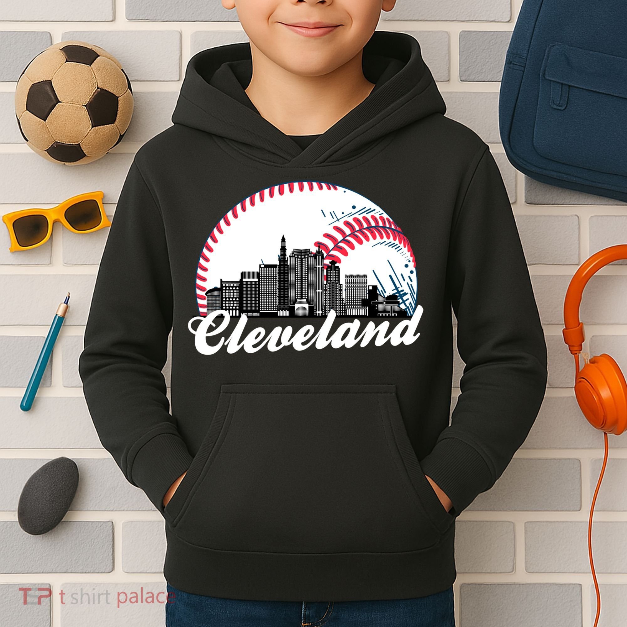 Cute Funny Cleveland Baseball Skyline Retro Kids Hoodie
