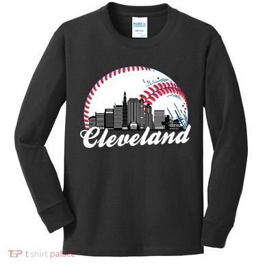 Cute Funny Cleveland Baseball Skyline Retro Kids Long Sleeve Shirt