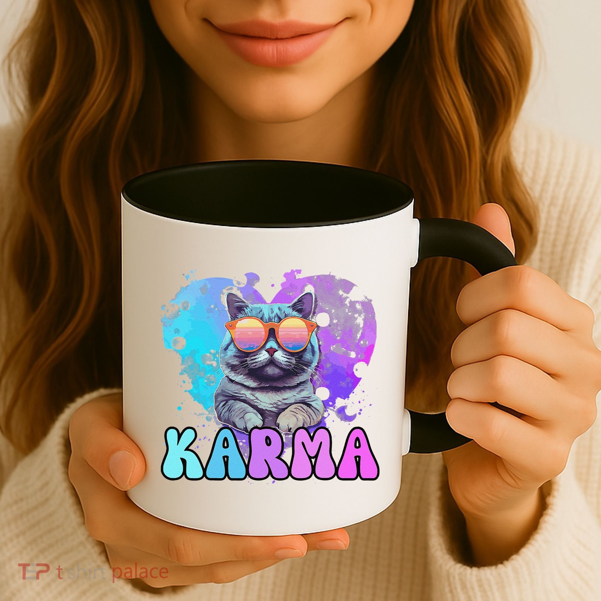 Cute Funny Cat Lover Heart Shape Karma Coffee Mug