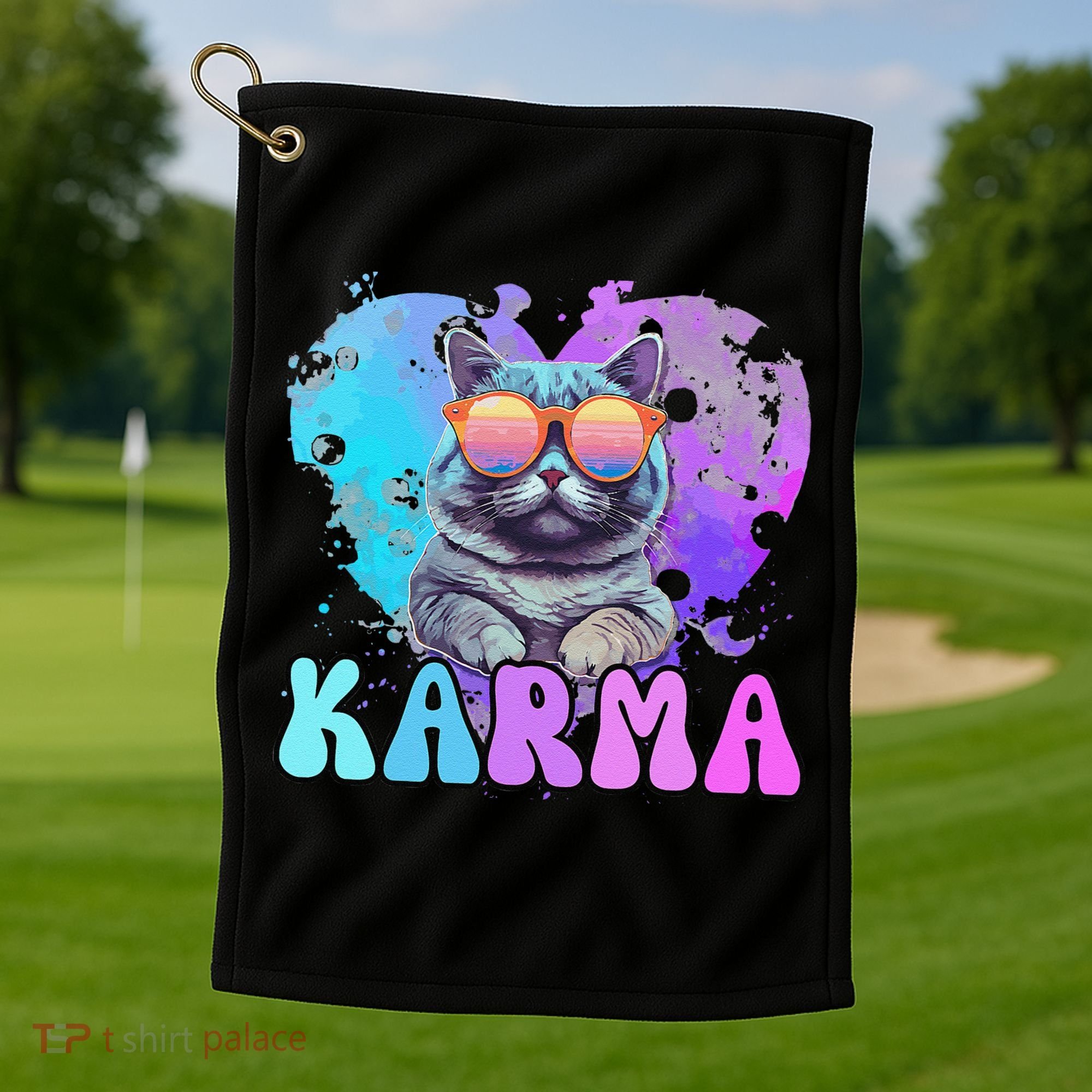 Cute Funny Cat Lover Heart Shape Karma Golf Towel