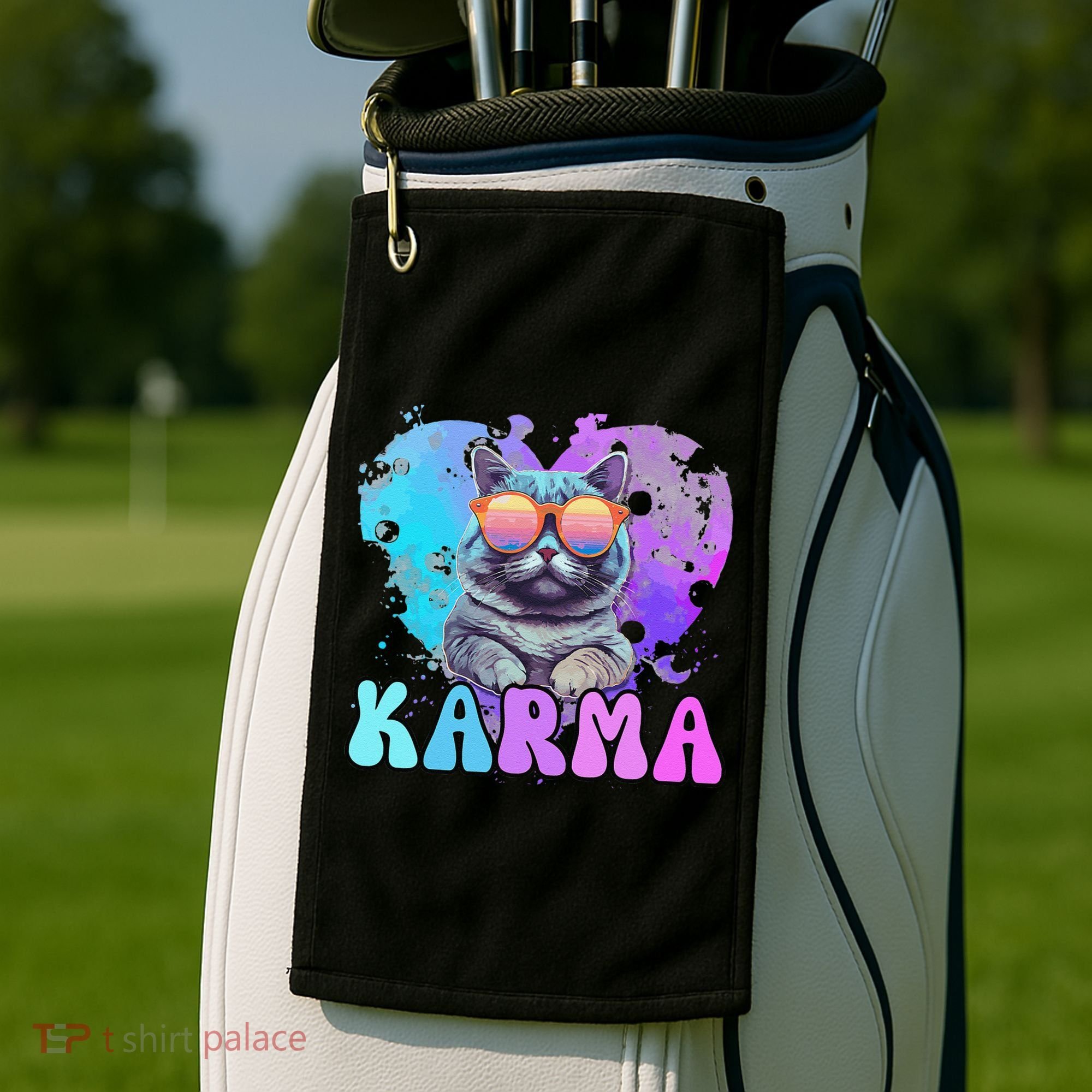 Cute Funny Cat Lover Heart Shape Karma Golf Towel