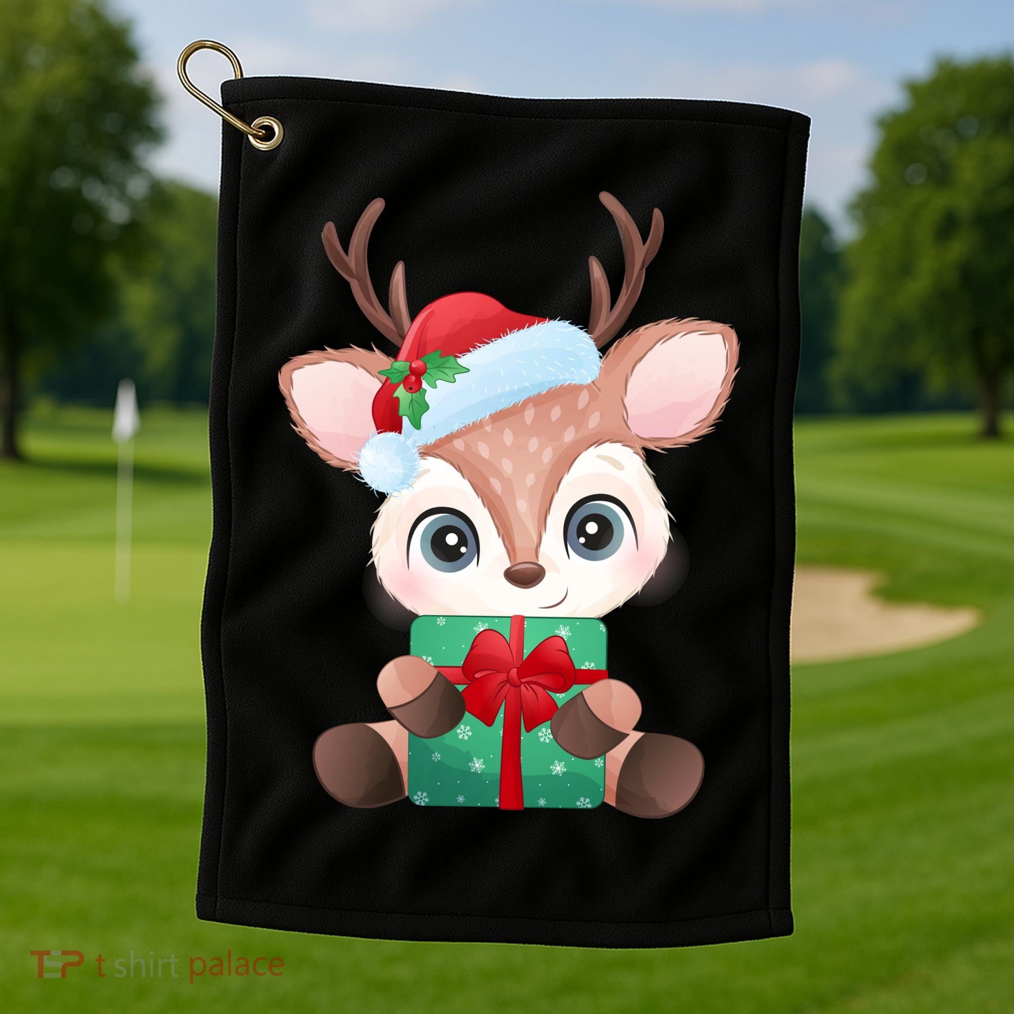 Cute Festive Christmas Reindeer Present Golf Towel