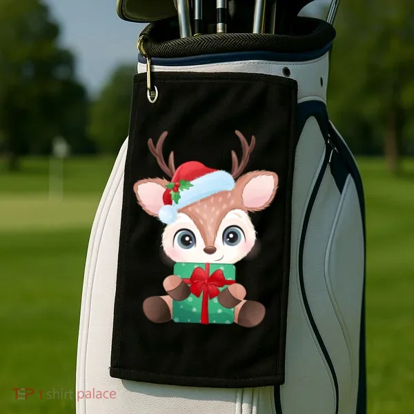 Cute Festive Christmas Reindeer Present Golf Towel