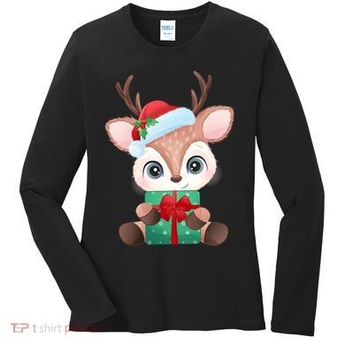 Cute Festive Christmas Reindeer Present Women's Long Sleeve Shirt