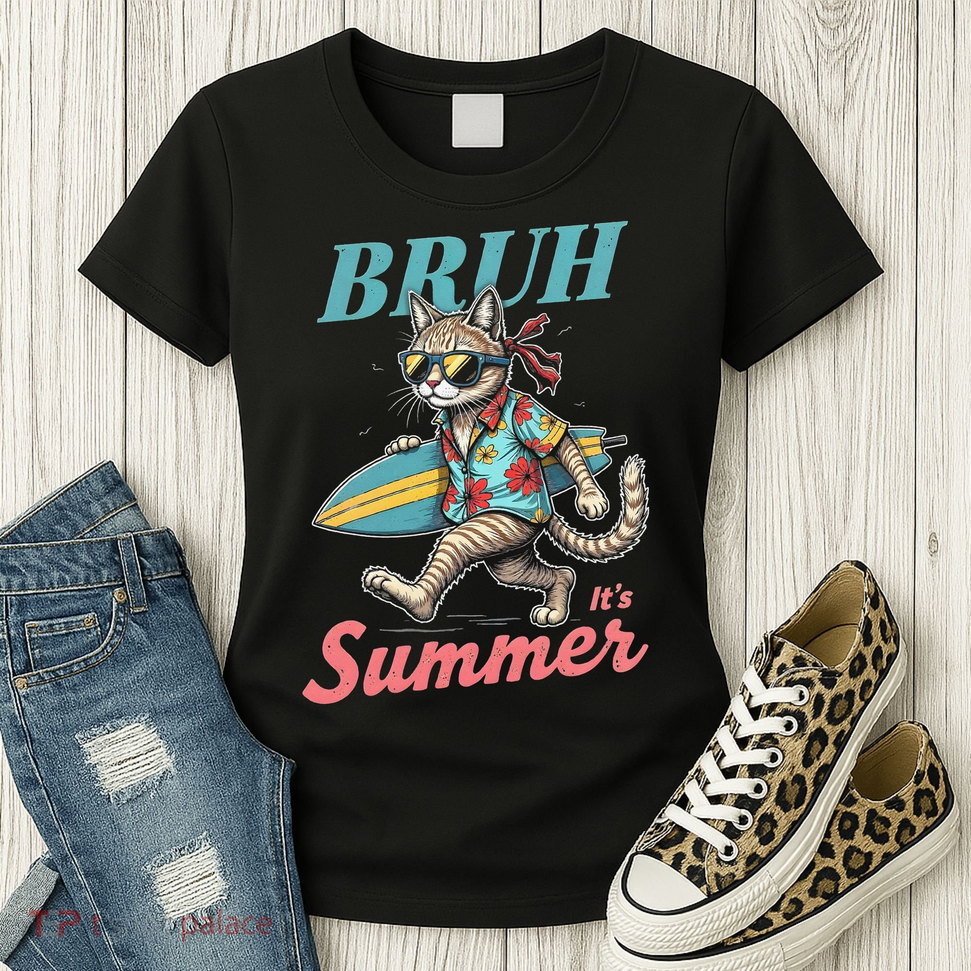 Cool Funny Cat In Shades Bruh Its Summer Surfboard Vacation Women's T-Shirt