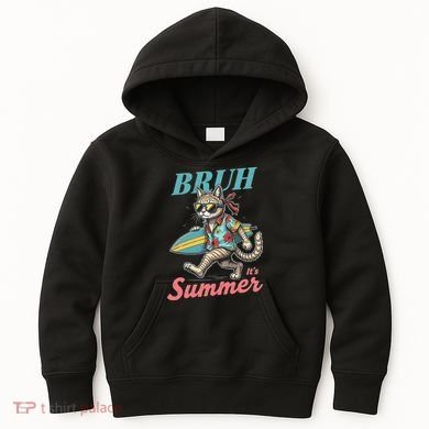 Cool Funny Cat In Shades Bruh Its Summer Surfboard Vacation Kids Hoodie