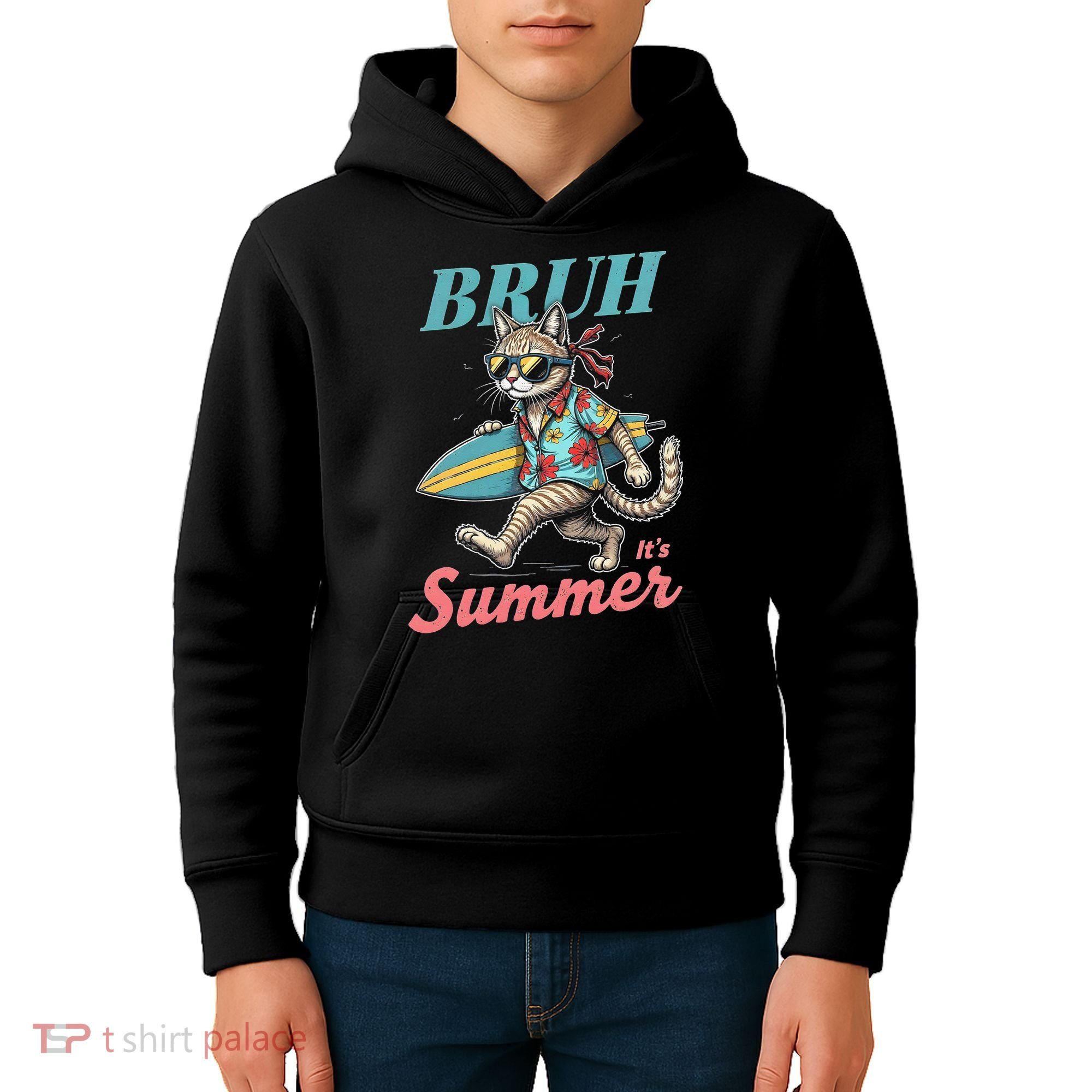 Cool Funny Cat In Shades Bruh Its Summer Surfboard Vacation Kids Hoodie