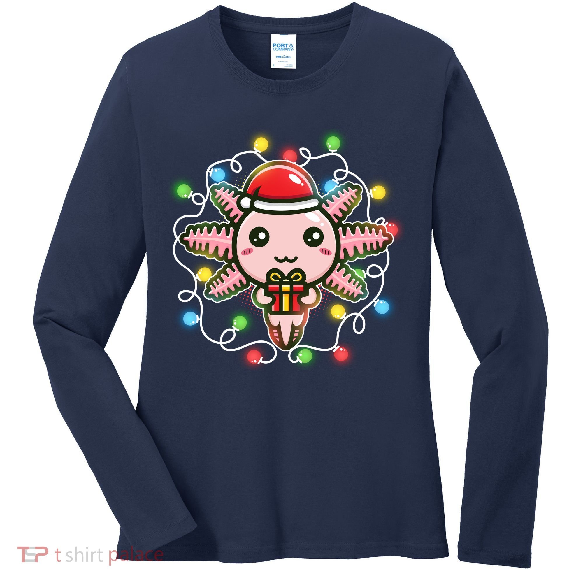 Cute Festive Christmas Santa Axolotl Women's Long Sleeve Shirt