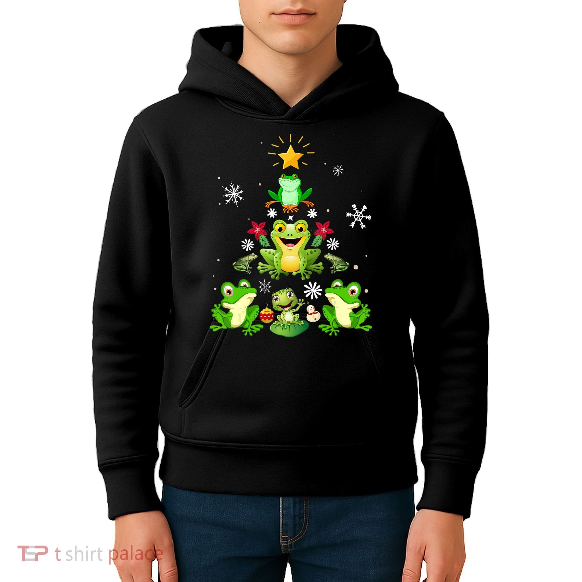 Cute frog Christmas Tree Lights Xmas Holidays Kids Hoodie