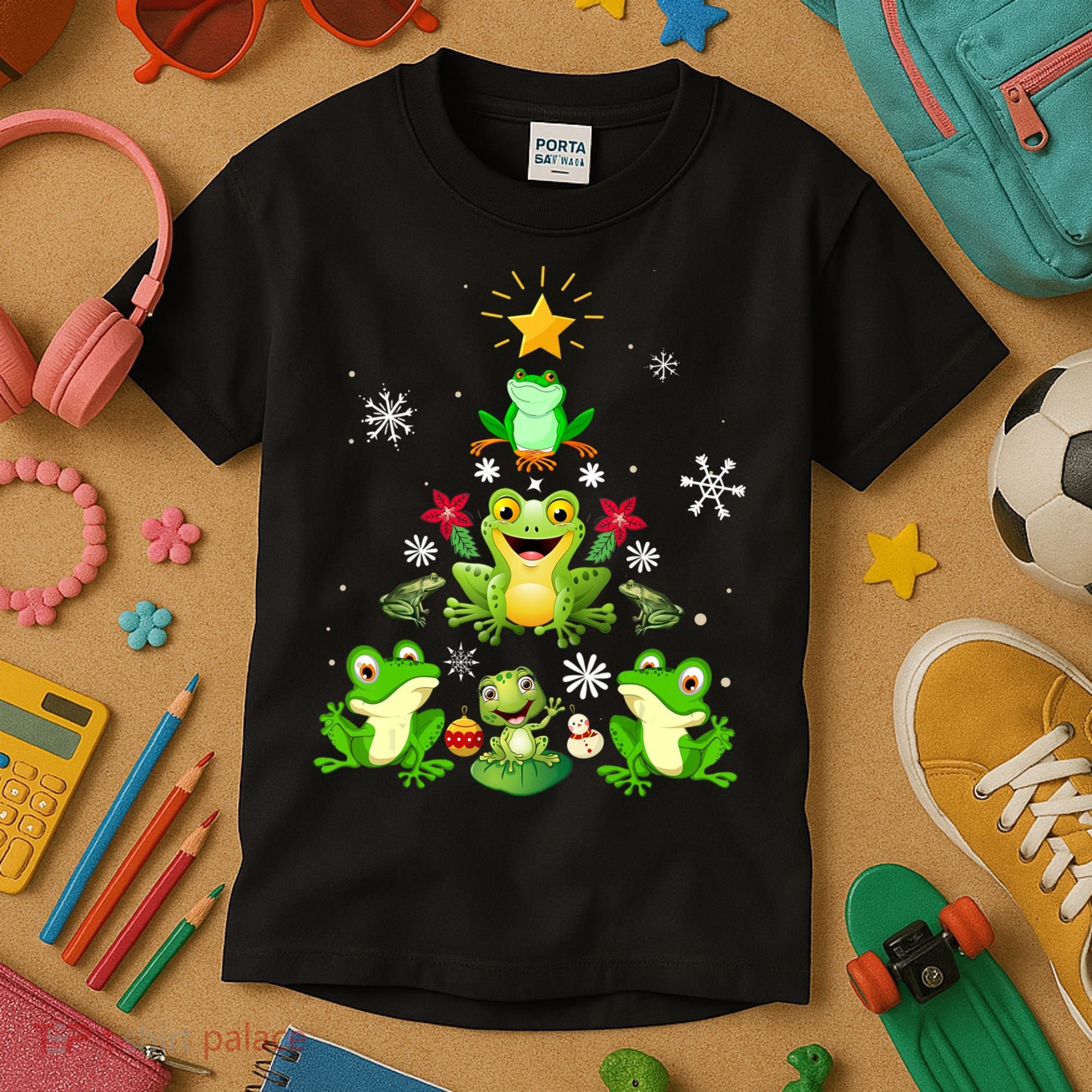 Cute frog Christmas Tree Lights Xmas Holidays Kids T-Shirt