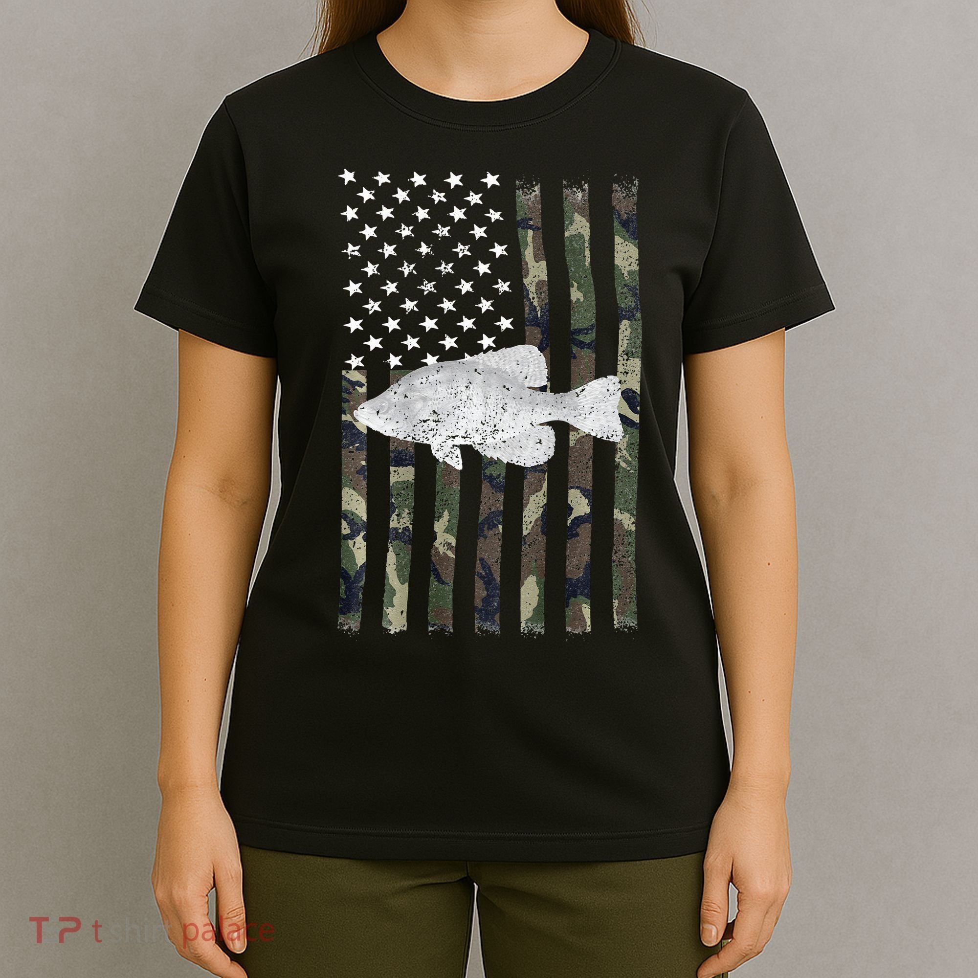 Crappie Fishing Camo Flag (On Back) T-Shirt