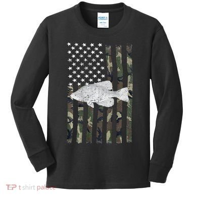 Crappie Fishing Camo Flag (On Back) Kids Long Sleeve Shirt