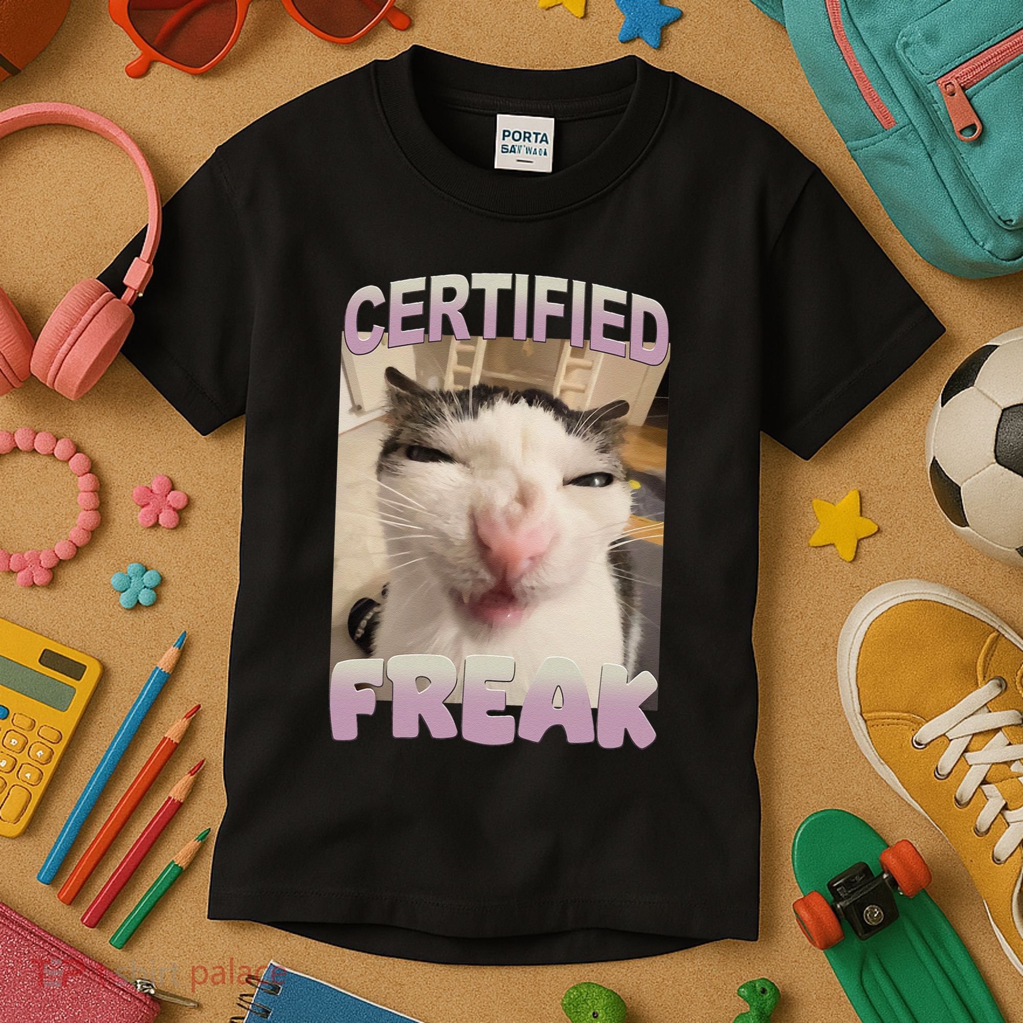 Certified Freak Cat Meme Funny Pet Humor Kids T-Shirt