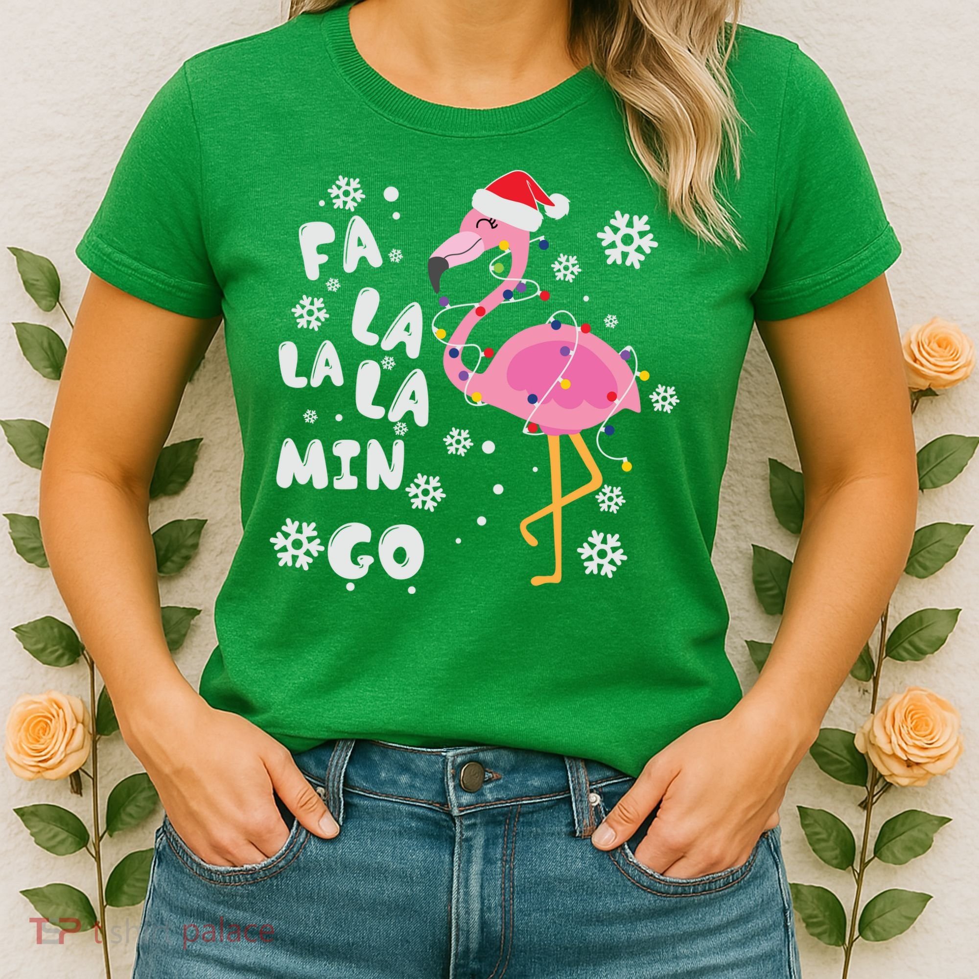 Christmas Flamingo Christmas Light Santa Hat Xmas Women's T-Shirt
