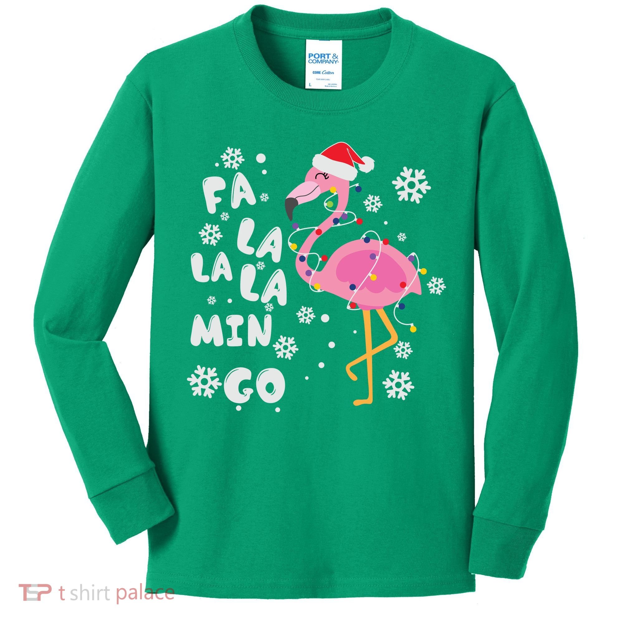 Christmas Flamingo Christmas Light Santa Hat Xmas Kids Long Sleeve Shirt