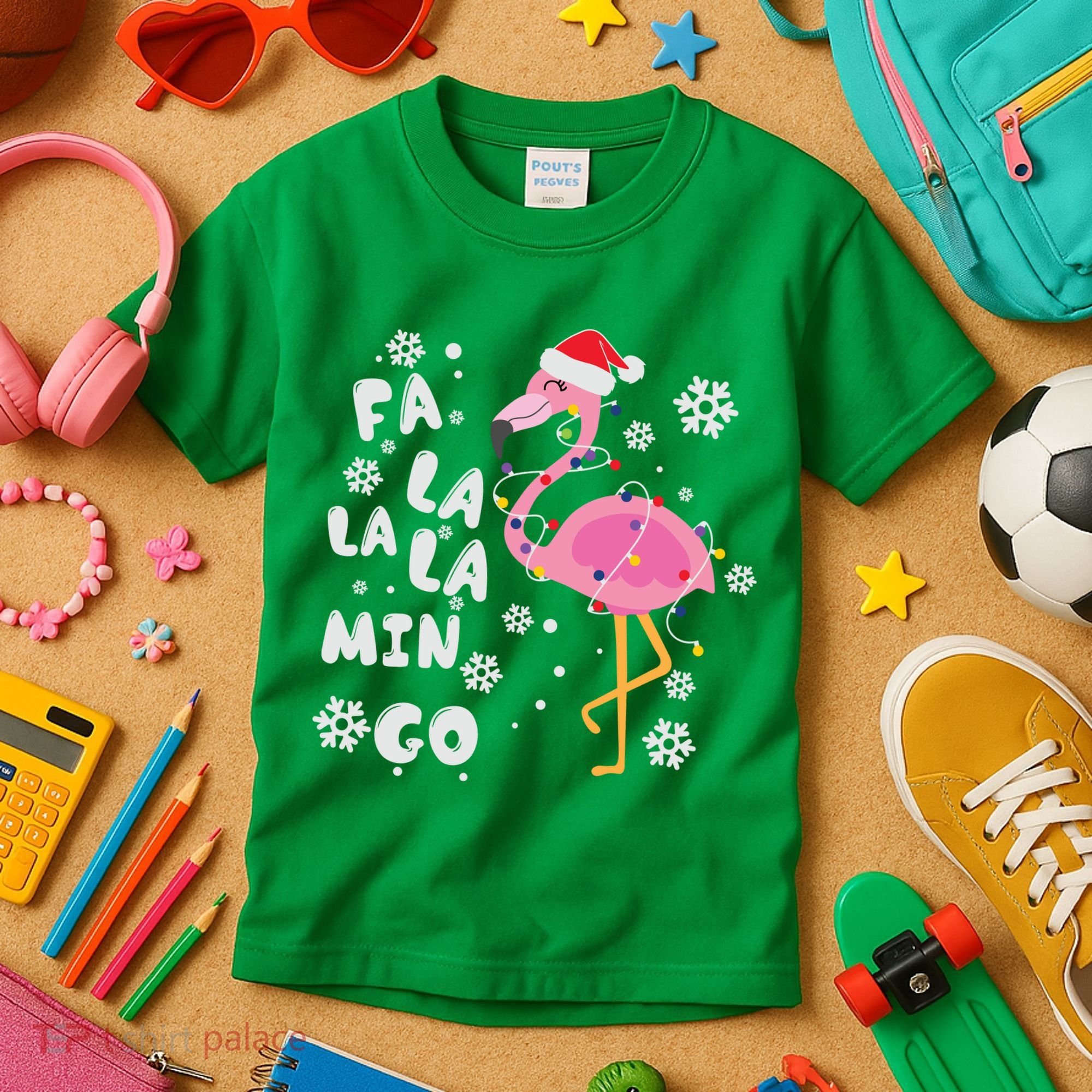 Christmas Flamingo Christmas Light Santa Hat Xmas Kids T-Shirt