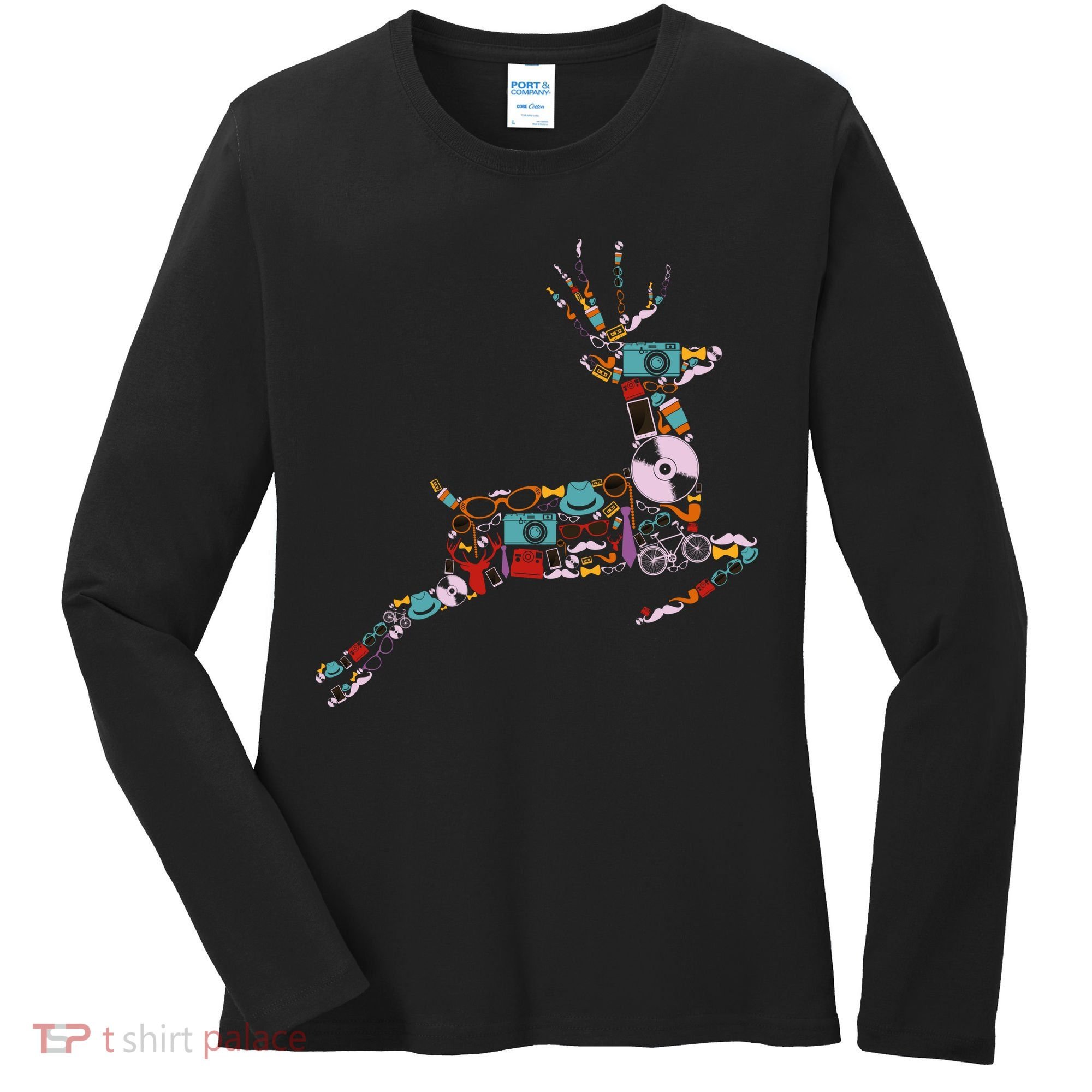 Cool Festive Christmas Gifts Pattern Reindeer Women's Long Sleeve Shirt