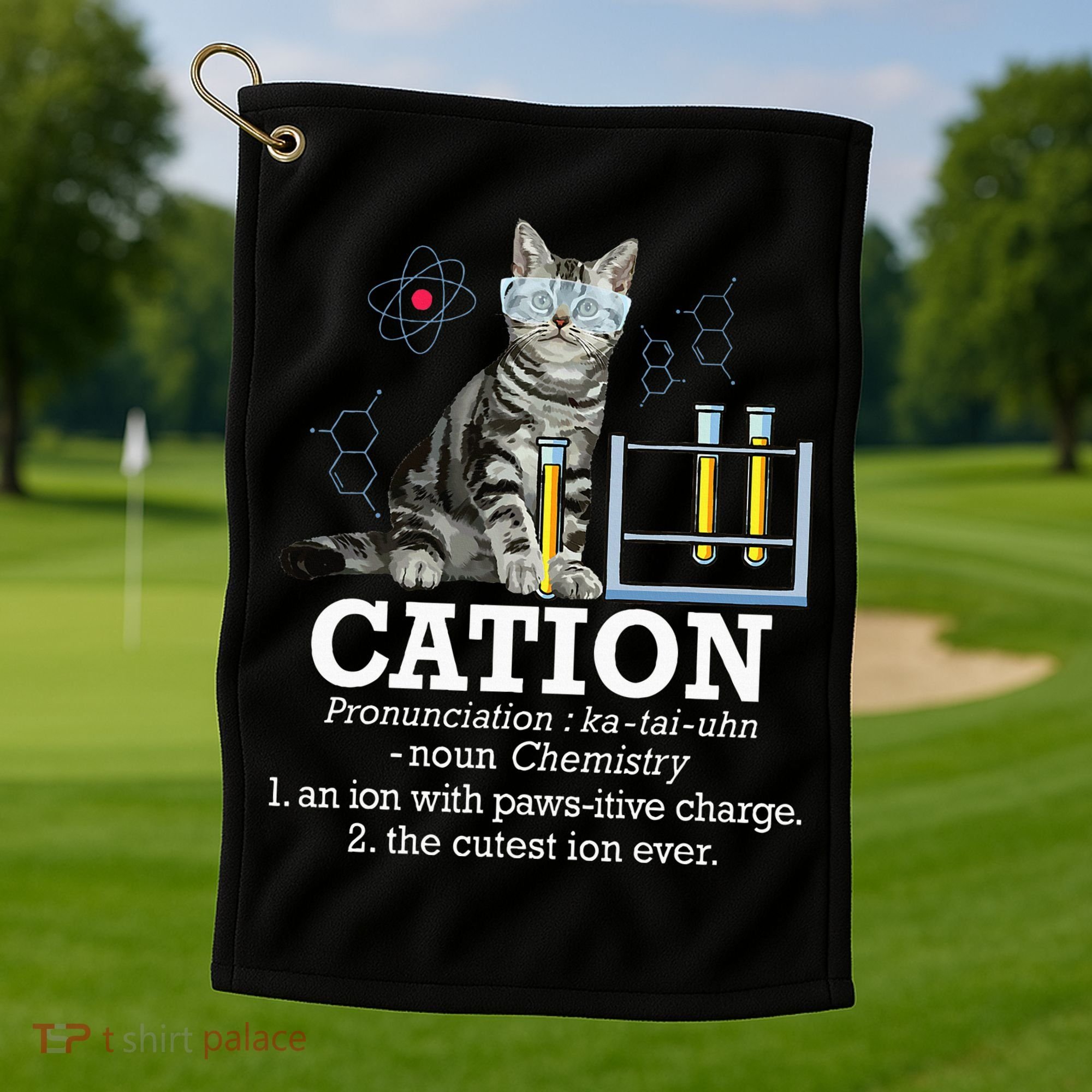 Cation Funny Chemistry Humor Science Teacher Cat Pun Golf Towel