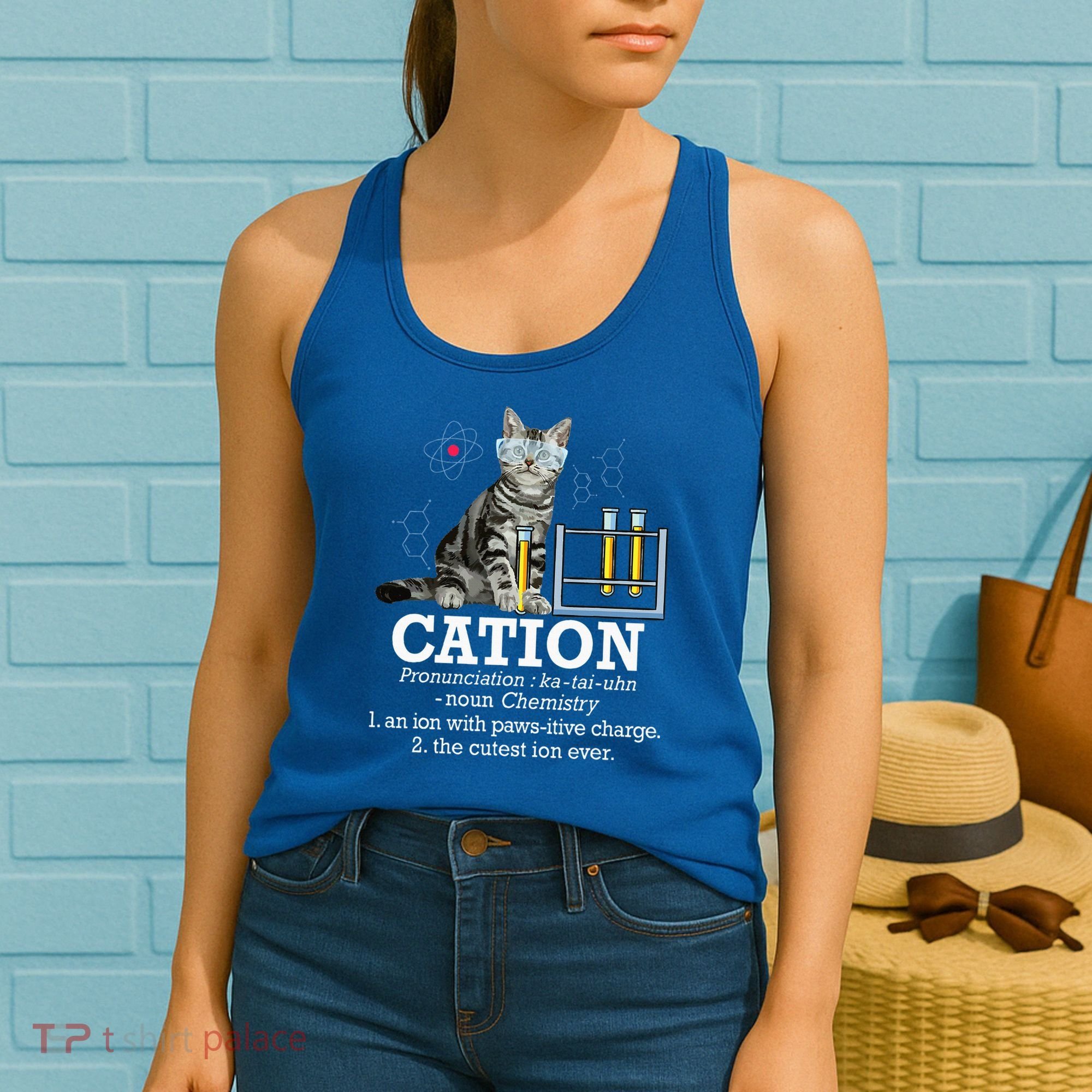 Cation Funny Chemistry Humor Science Teacher Cat Pun Women's Tank Top