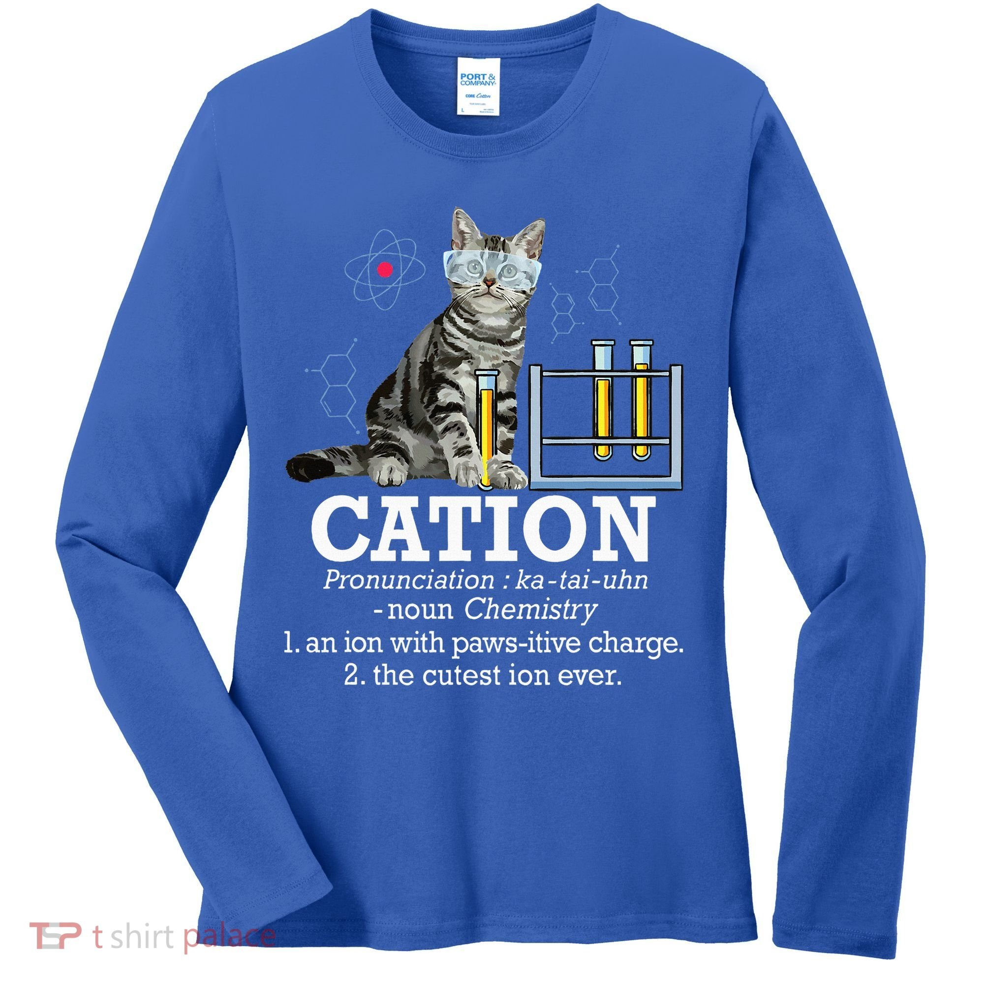 Cation Funny Chemistry Humor Science Teacher Cat Pun Women's Long Sleeve Shirt