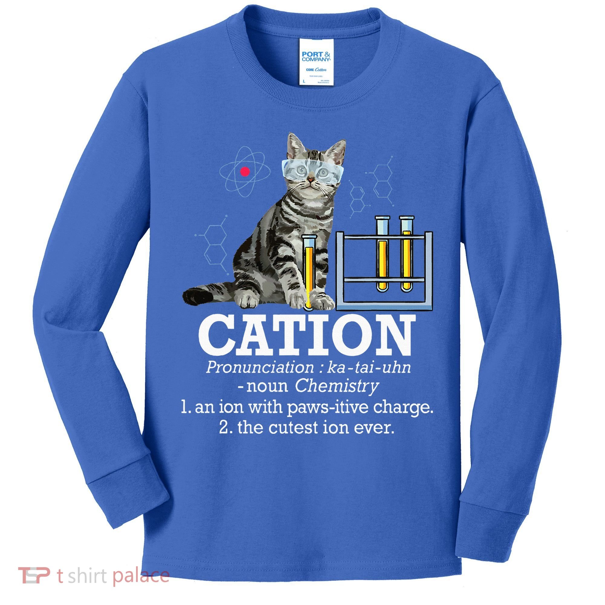 Cation Funny Chemistry Humor Science Teacher Cat Pun Kids Long Sleeve Shirt