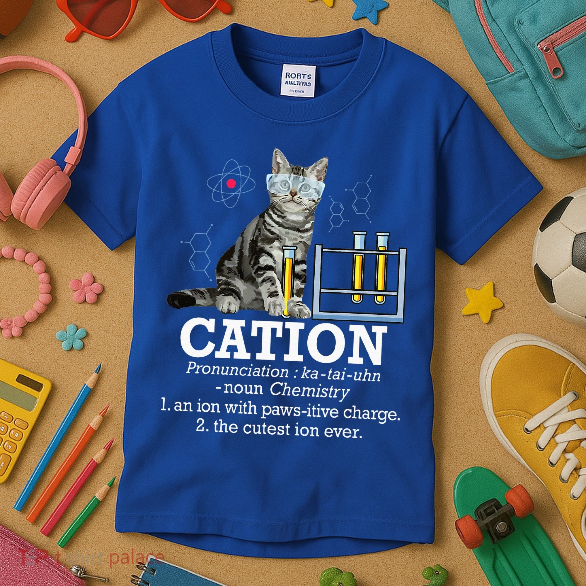 Cation Funny Chemistry Humor Science Teacher Cat Pun Kids T-Shirt