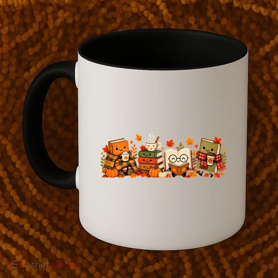 Cute Fall Character Book Stack  Reading Coffee Mug