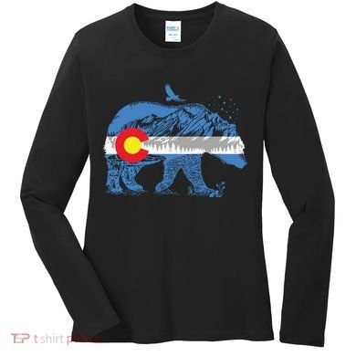 Colorado Flag Design Mountains And Bear Landscape Graphic Women's Long Sleeve Shirt