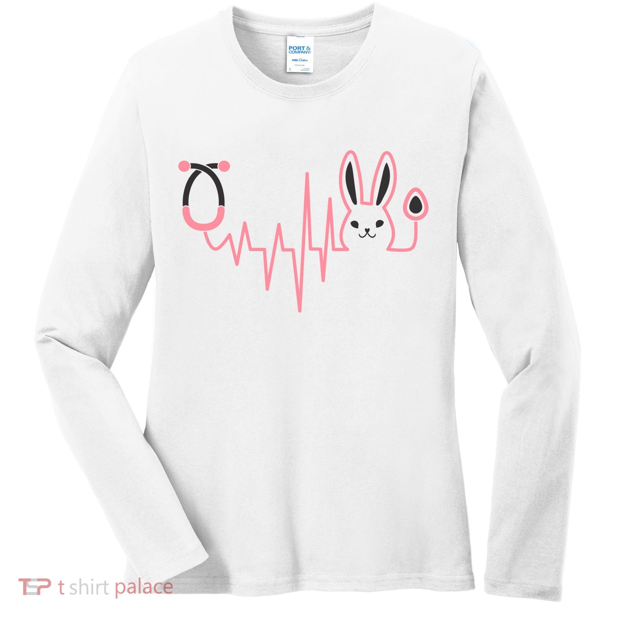 Cute Funny Easter Bunny Heart Beat Stethoscope Women's Long Sleeve Shirt