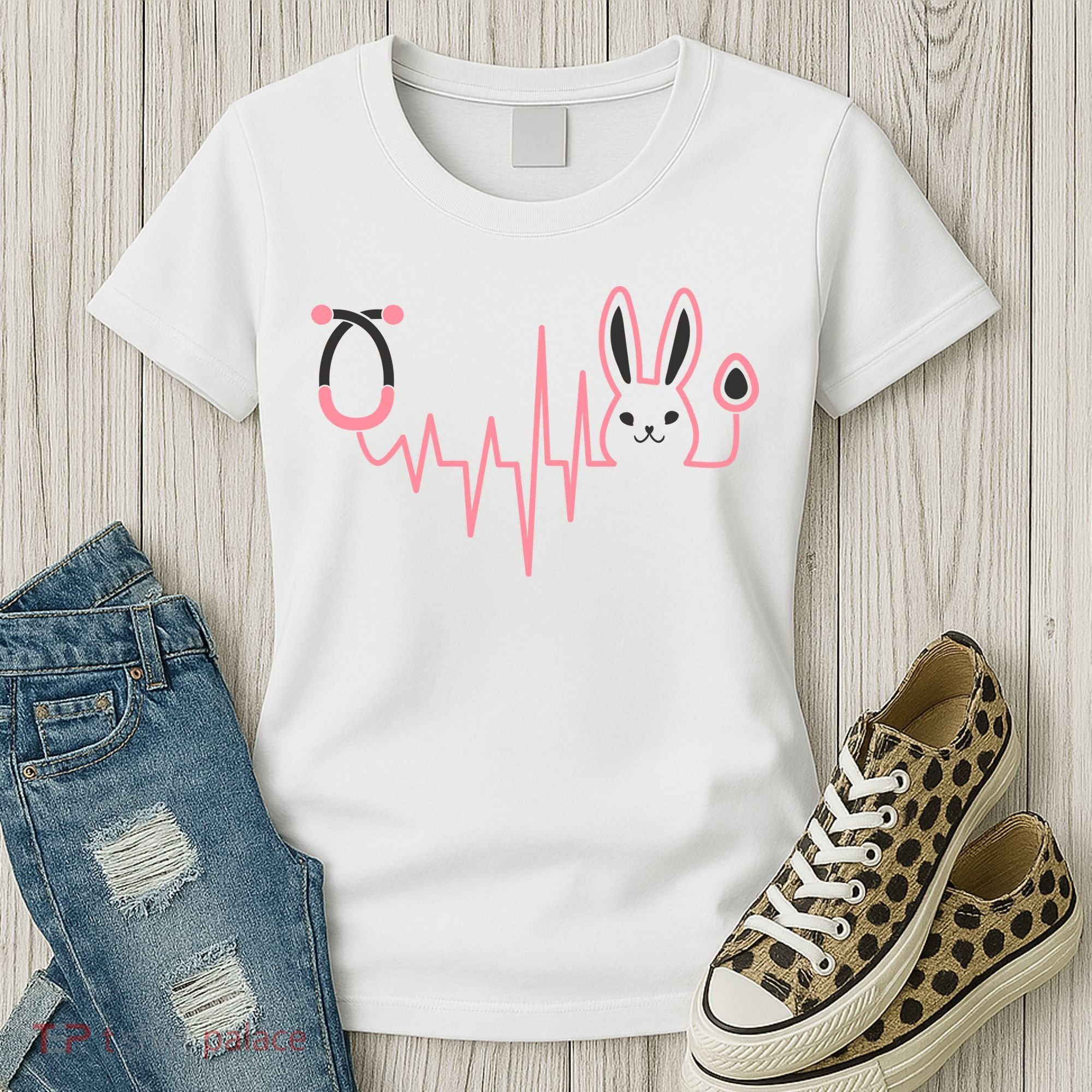 Cute Funny Easter Bunny Heart Beat Stethoscope Women's T-Shirt